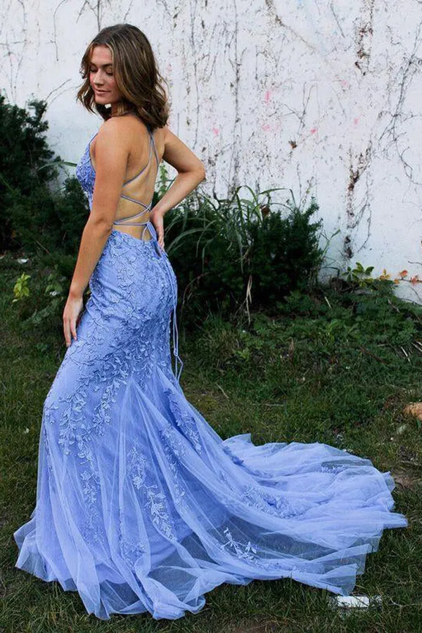 Blue Tulle Mermaid Spaghetti Straps Lace Appliques Long Prom Dresses, SP957