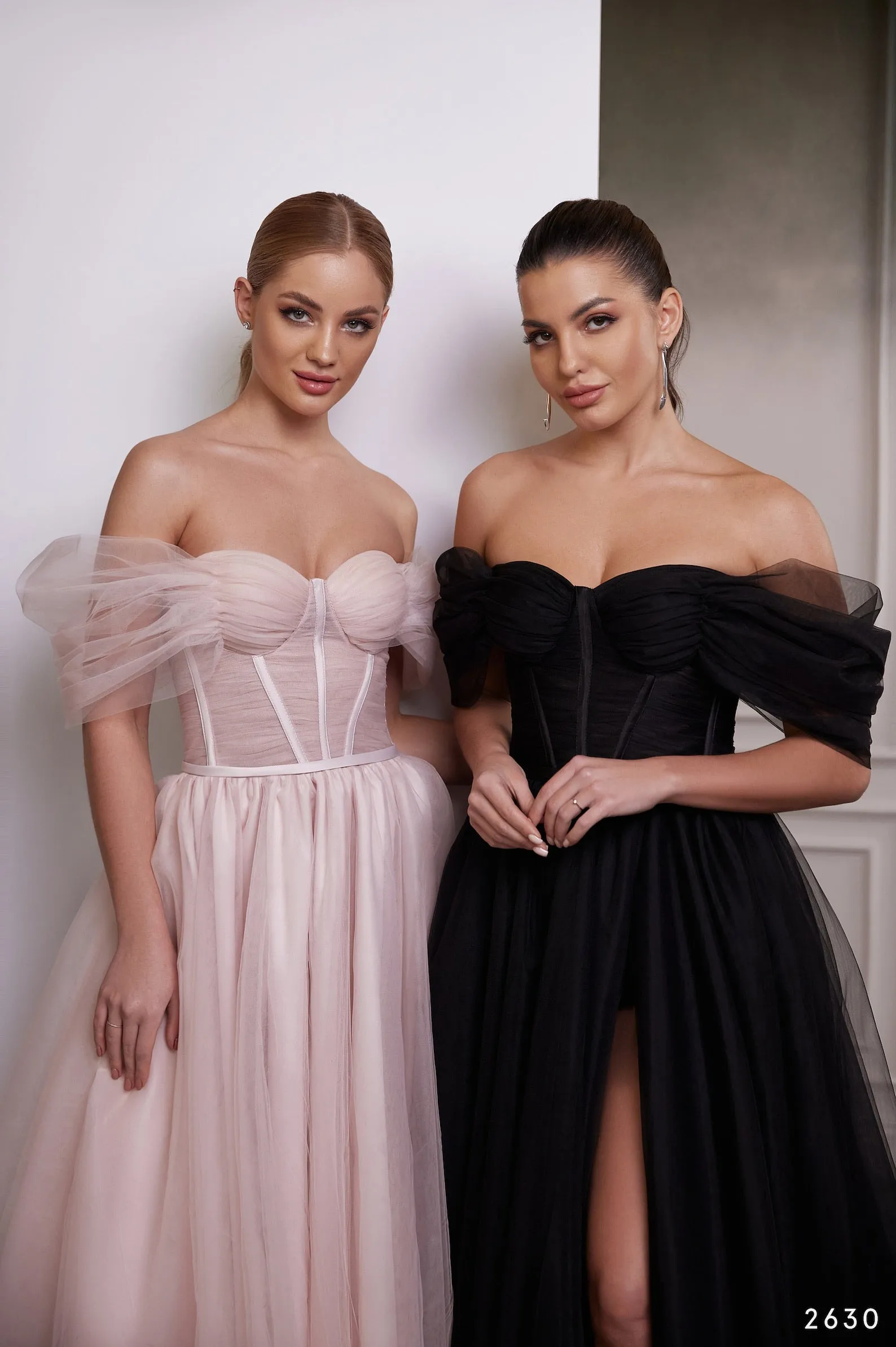 Blush Tulle Off Shoulder Corset Dress, Black Tulle Corset Gown