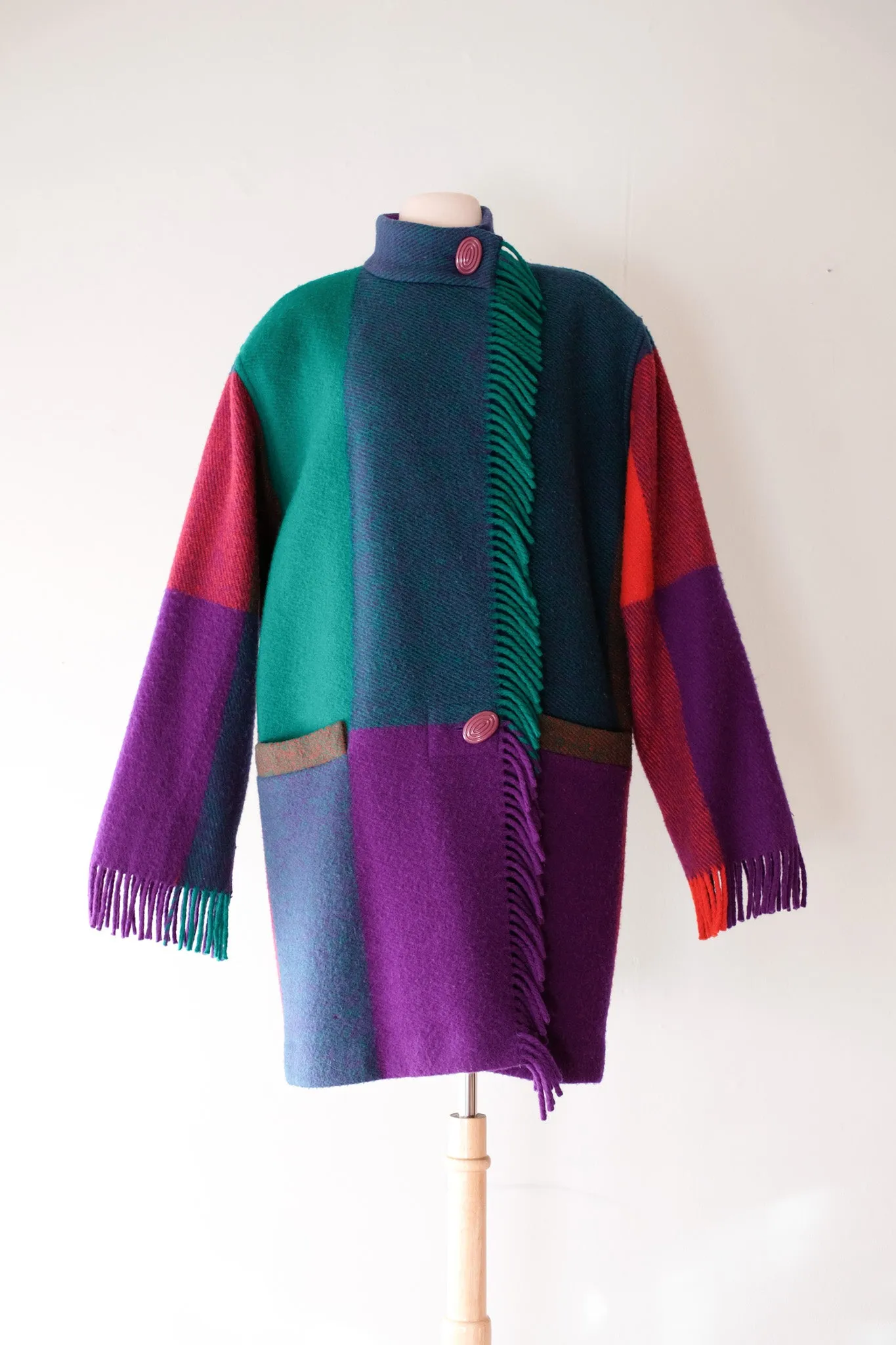 Bold 1980's Jewel-tone Bold Plaid Wool Fringe Cocoon Coat / Sz L