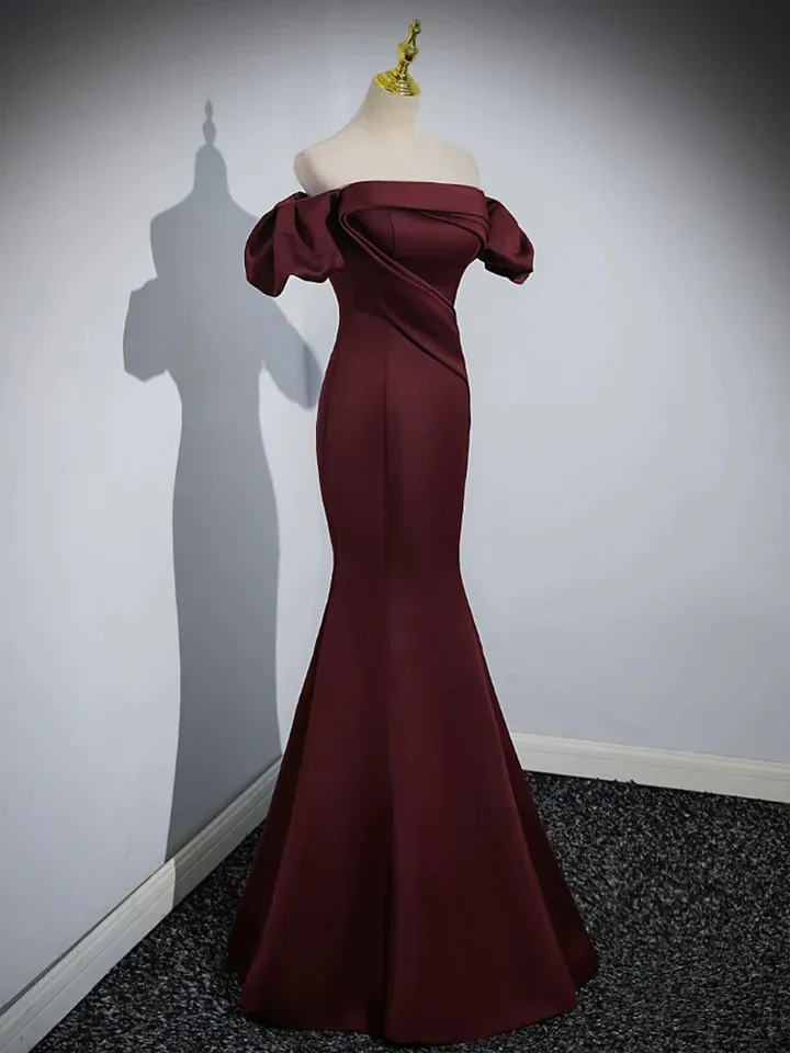 Burgundy Satin Mermaid Off Shoulder Formal Evening Party Dress, DP2468