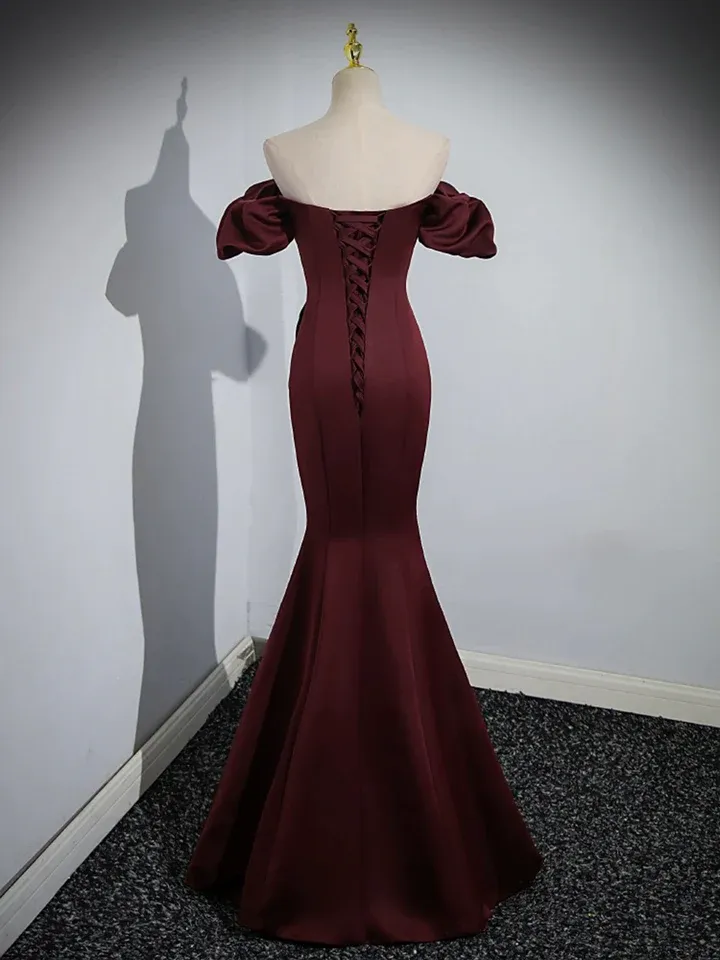 Burgundy Satin Mermaid Off Shoulder Formal Evening Party Dress, DP2468