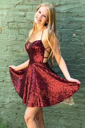 Burgundy Sparkly Backless A-line Mini Spaghetti Straps Homecoming Dress, SH518