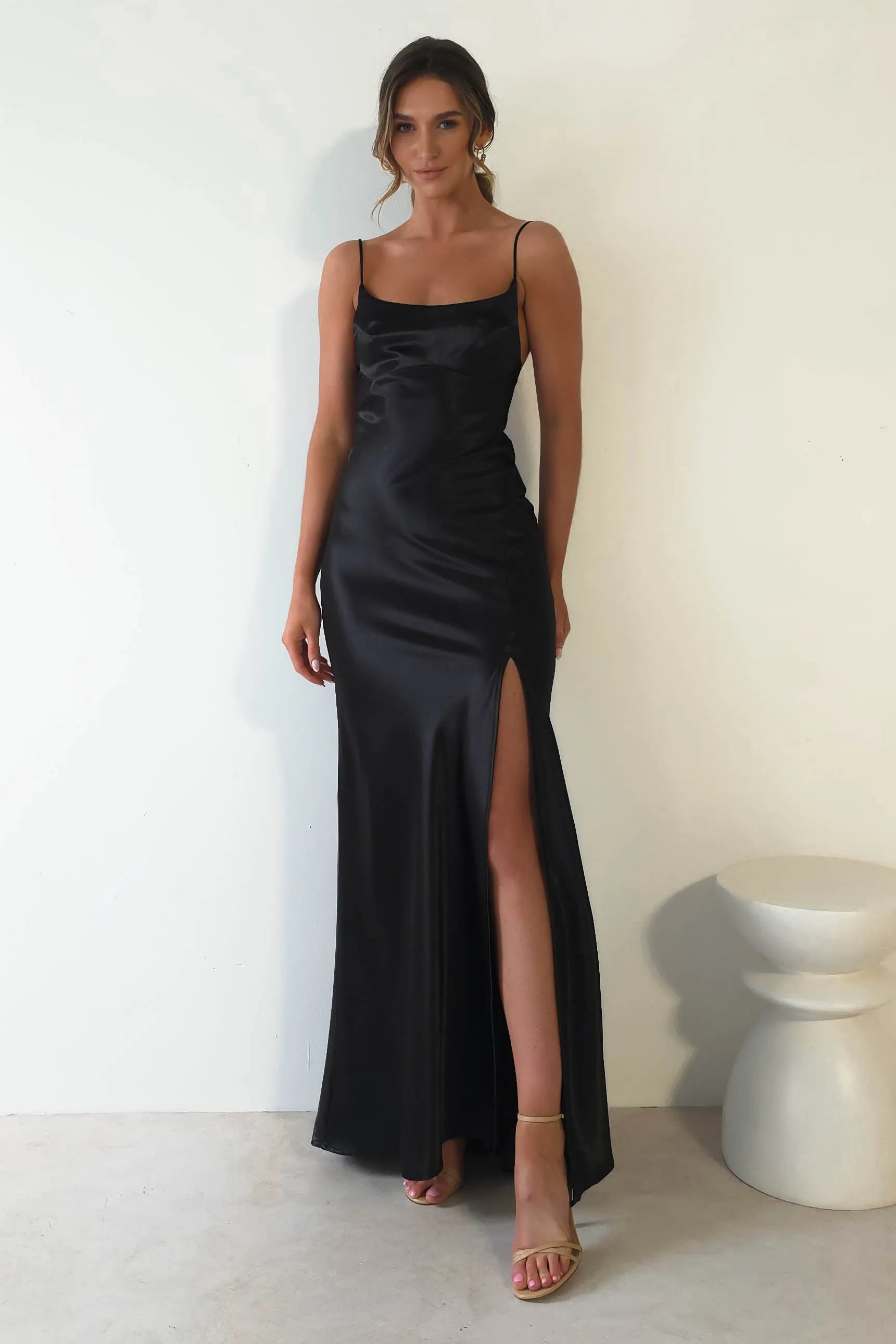 Celinee Satin Maxi Gown | Black