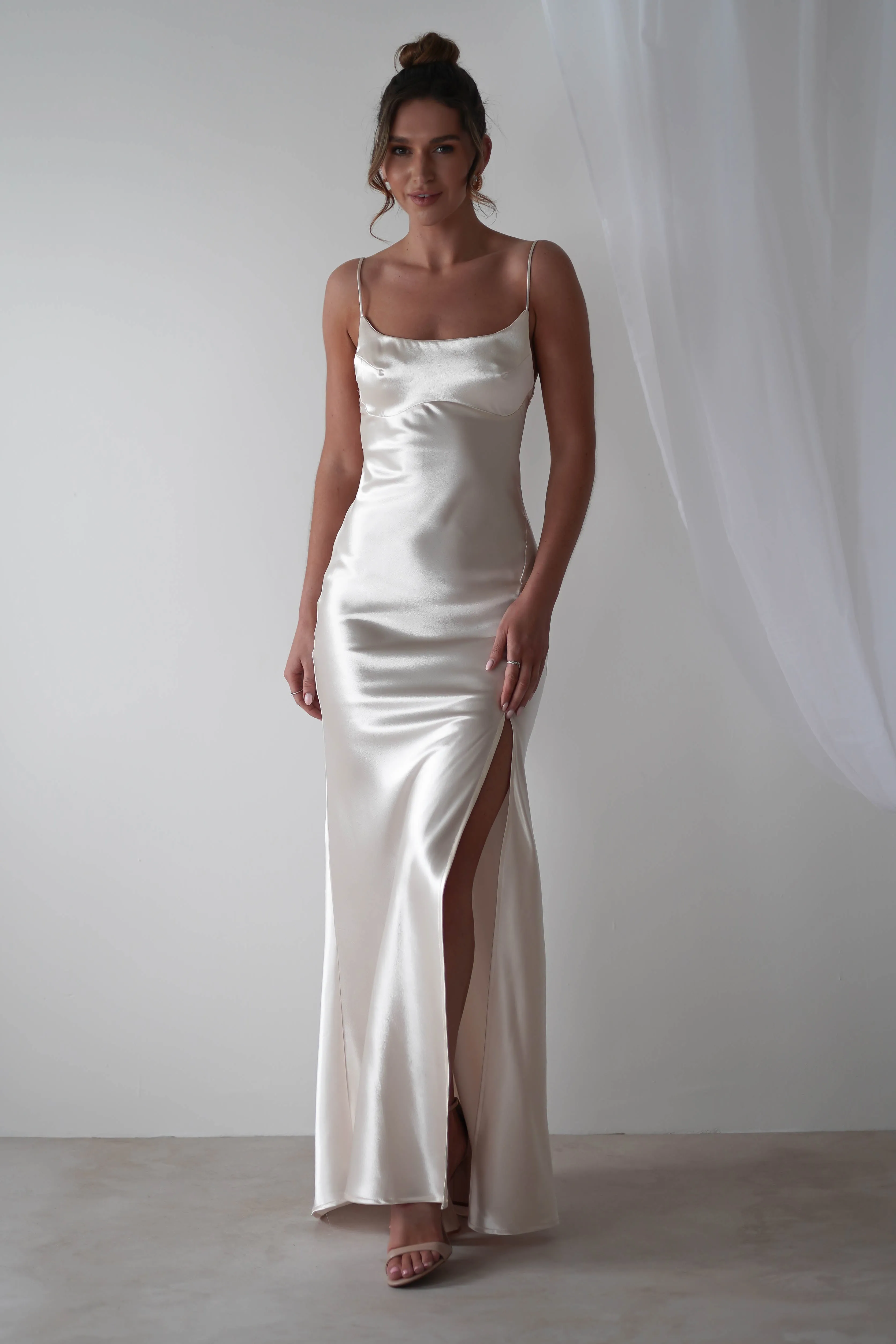 Celinee Satin Maxi Gown | Pearl/Champagne