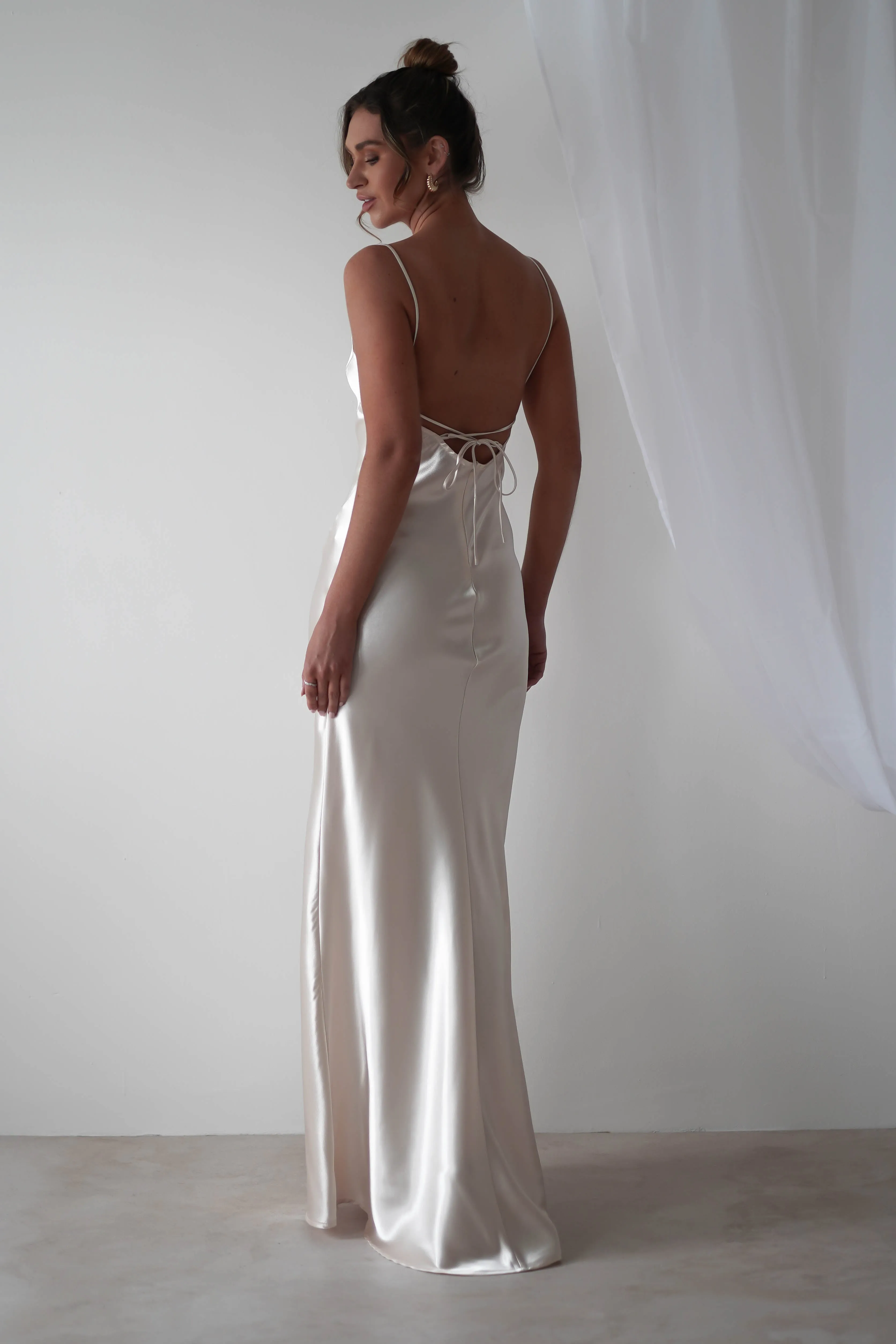 Celinee Satin Maxi Gown | Pearl/Champagne