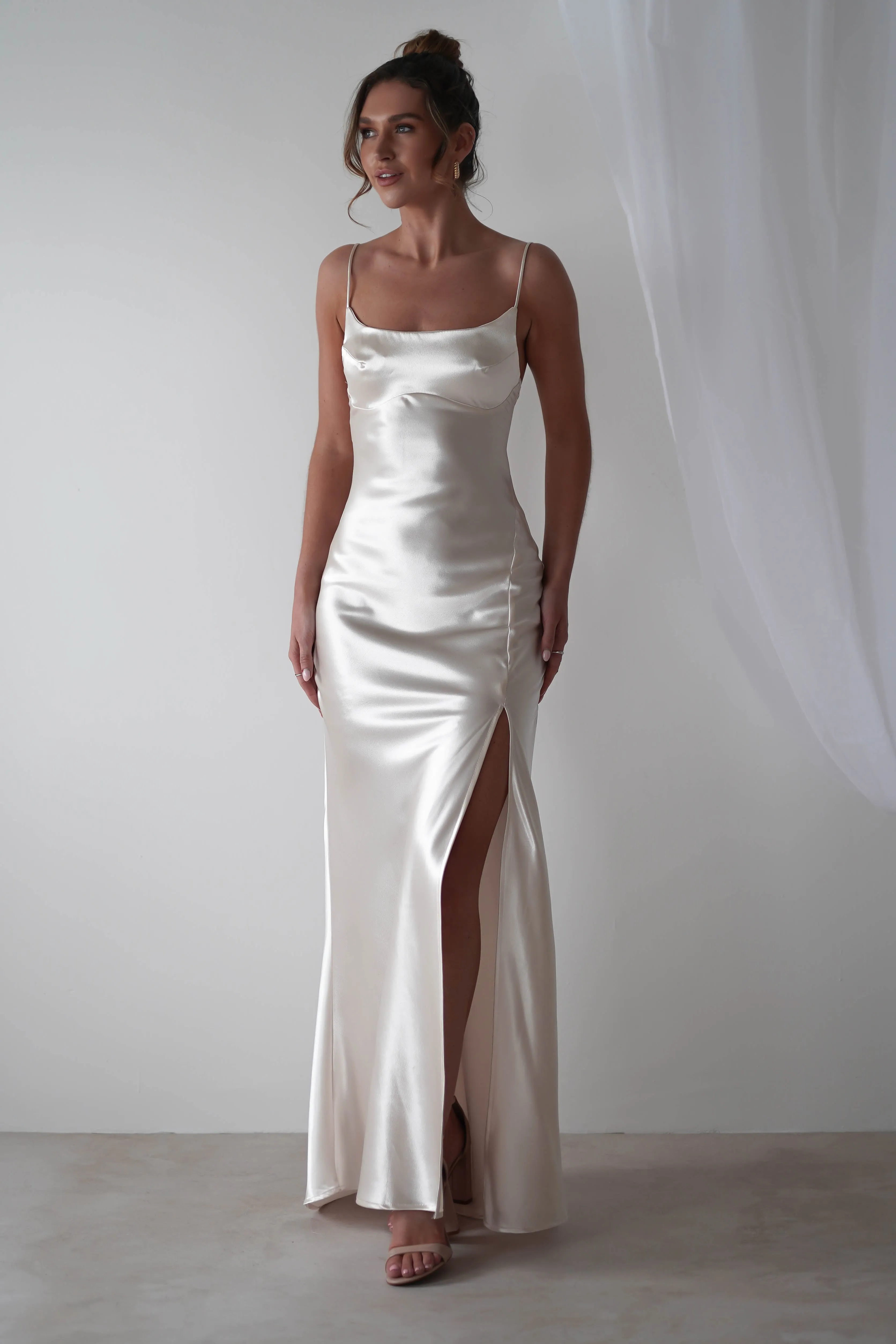 Celinee Satin Maxi Gown | Pearl/Champagne