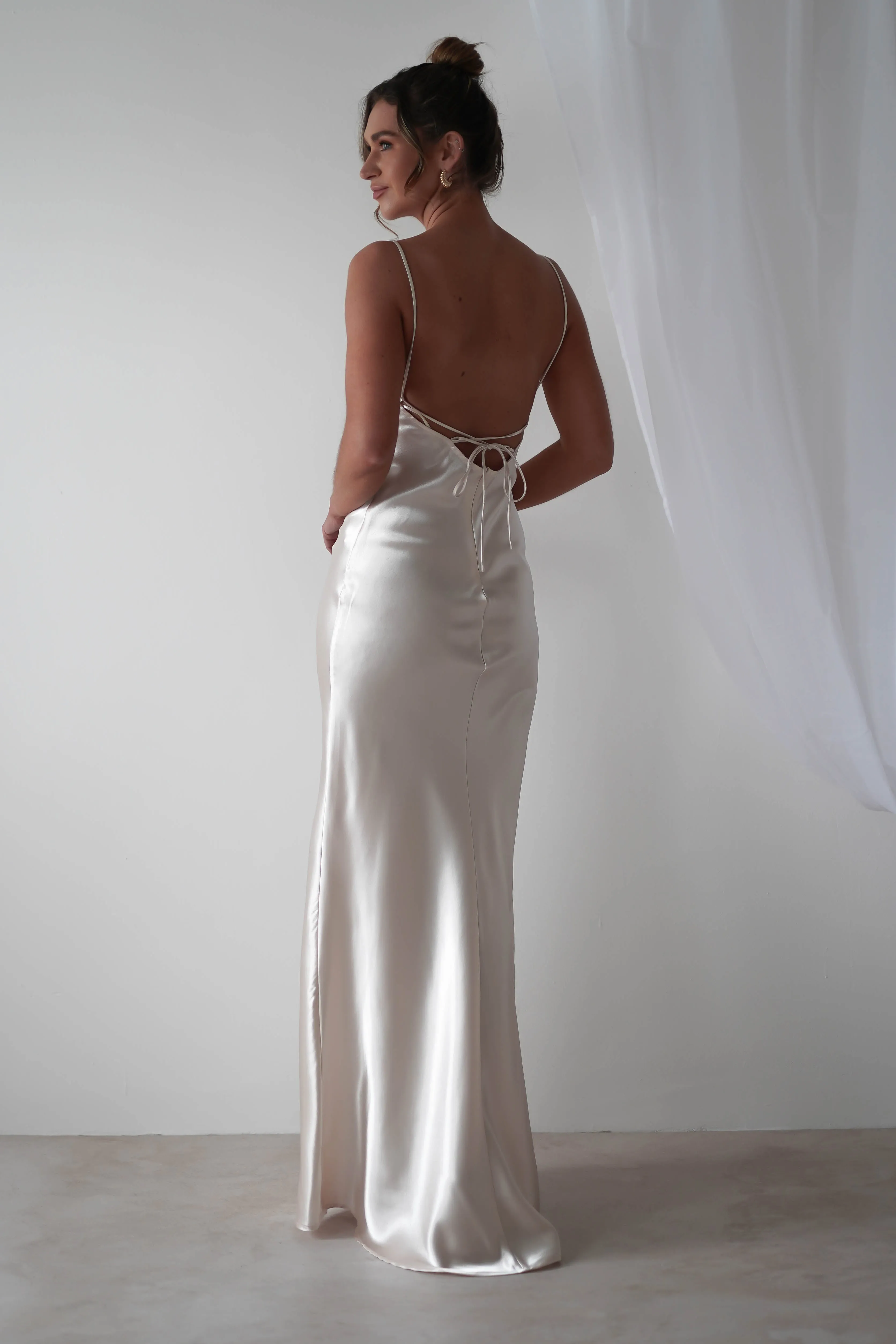 Celinee Satin Maxi Gown | Pearl/Champagne