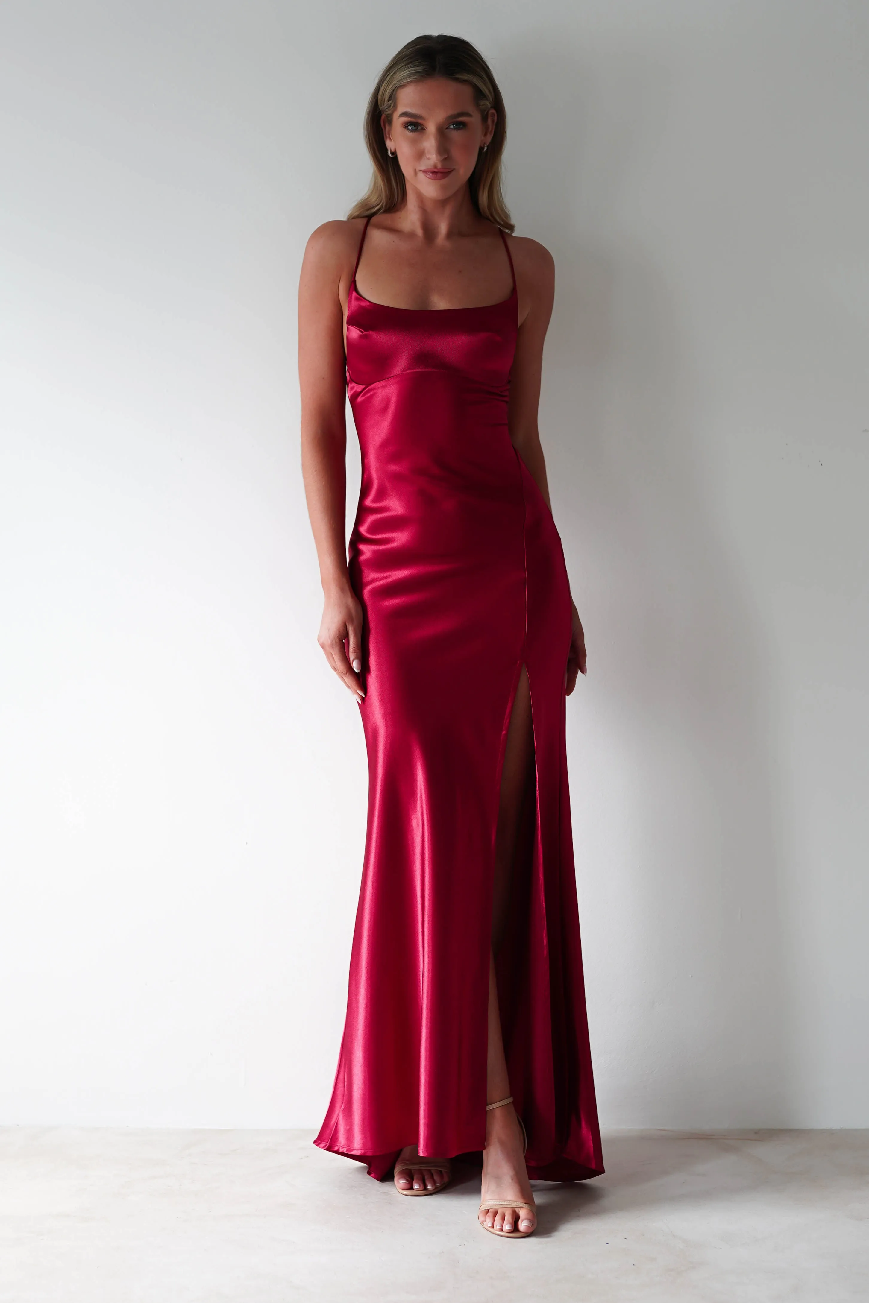 Celinee Satin Maxi Gown | Red