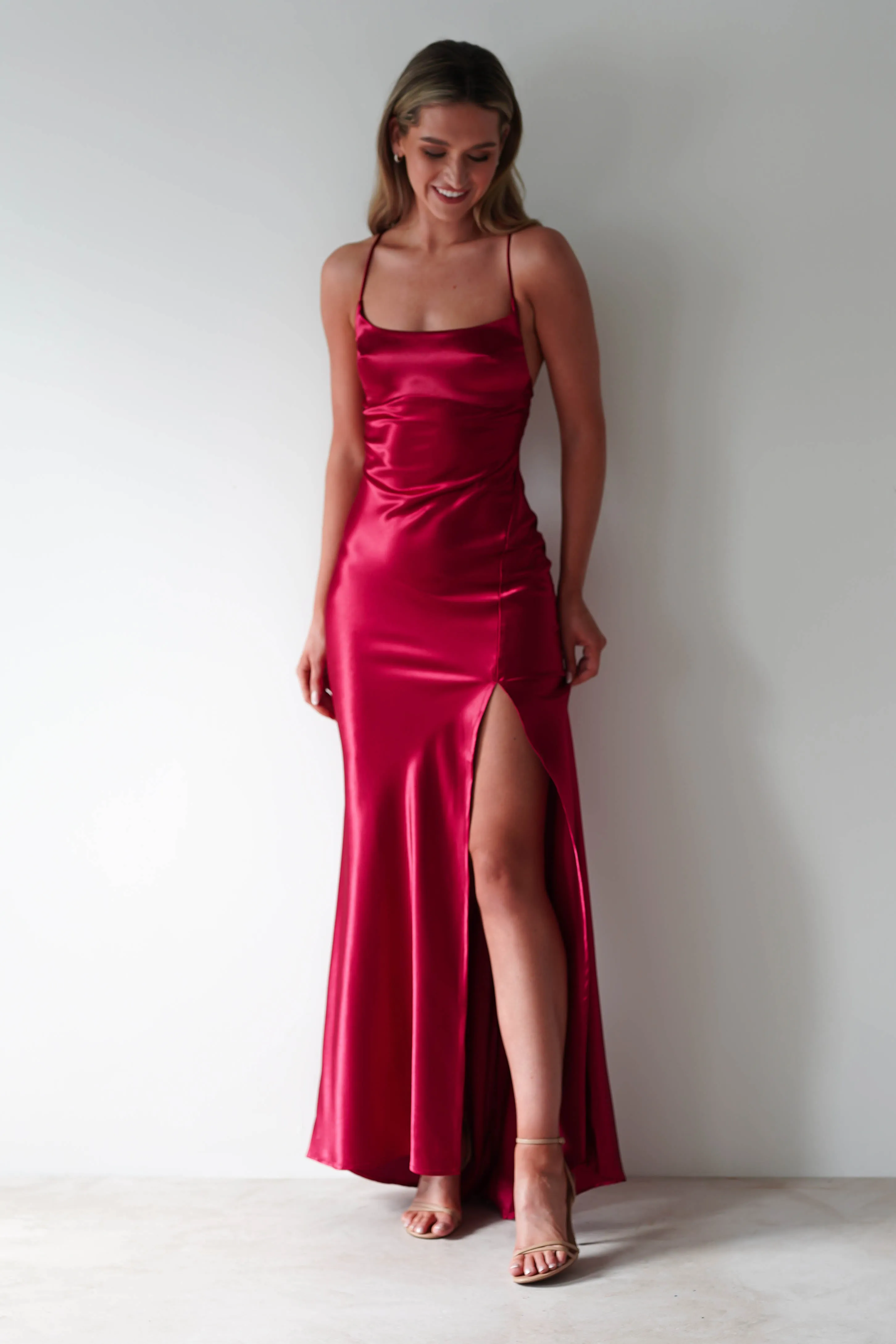 Celinee Satin Maxi Gown | Red