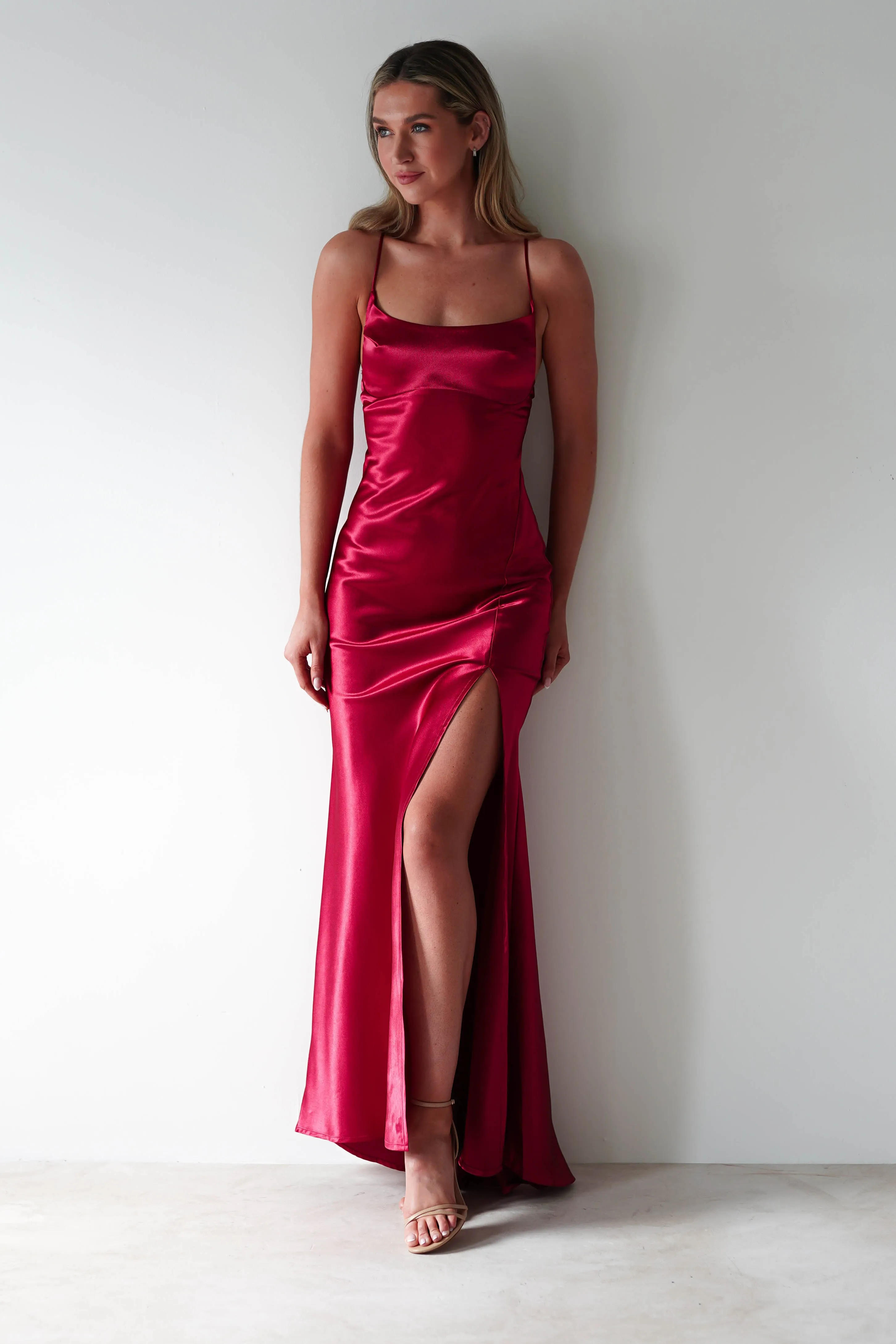 Celinee Satin Maxi Gown | Red