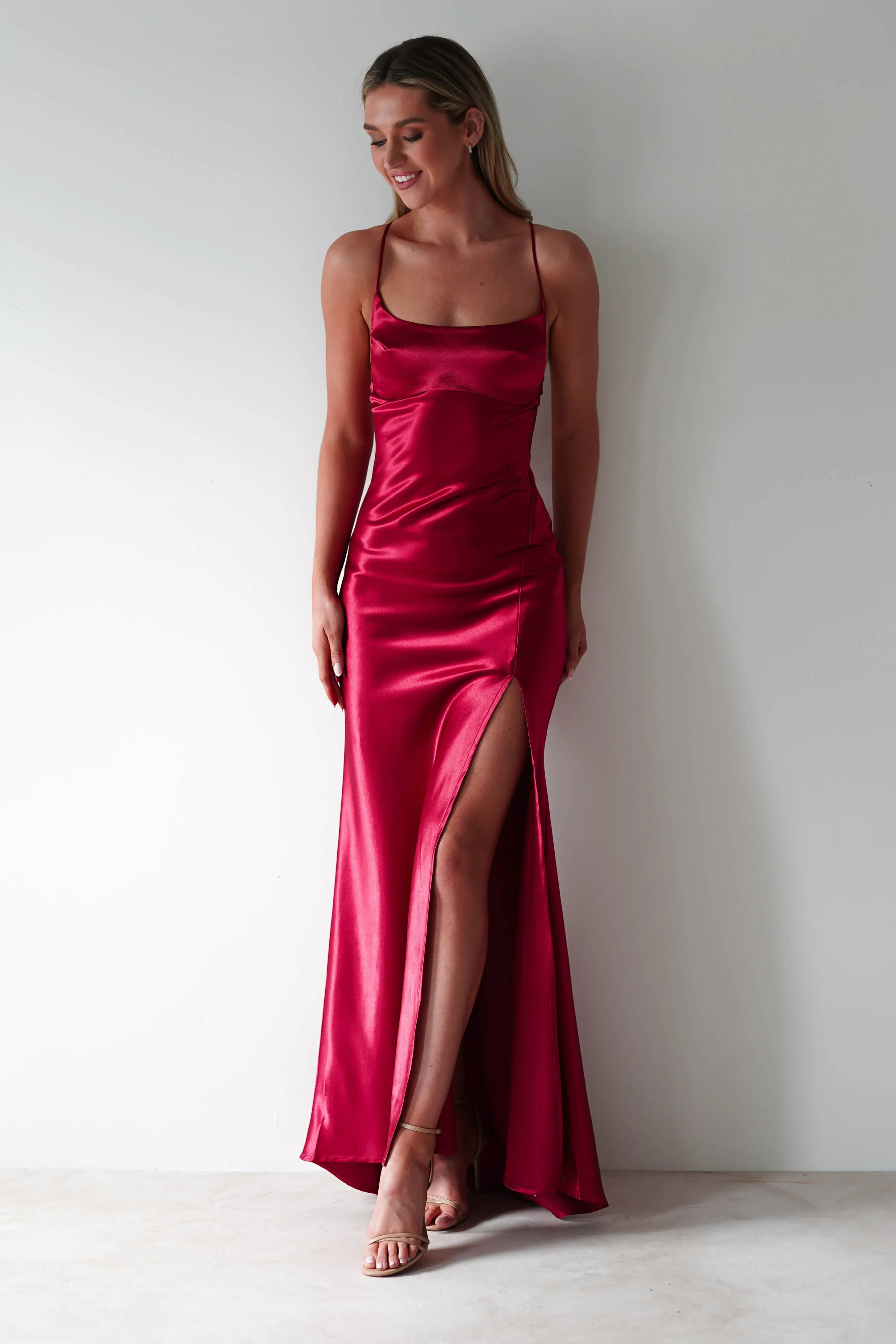 Celinee Satin Maxi Gown | Red