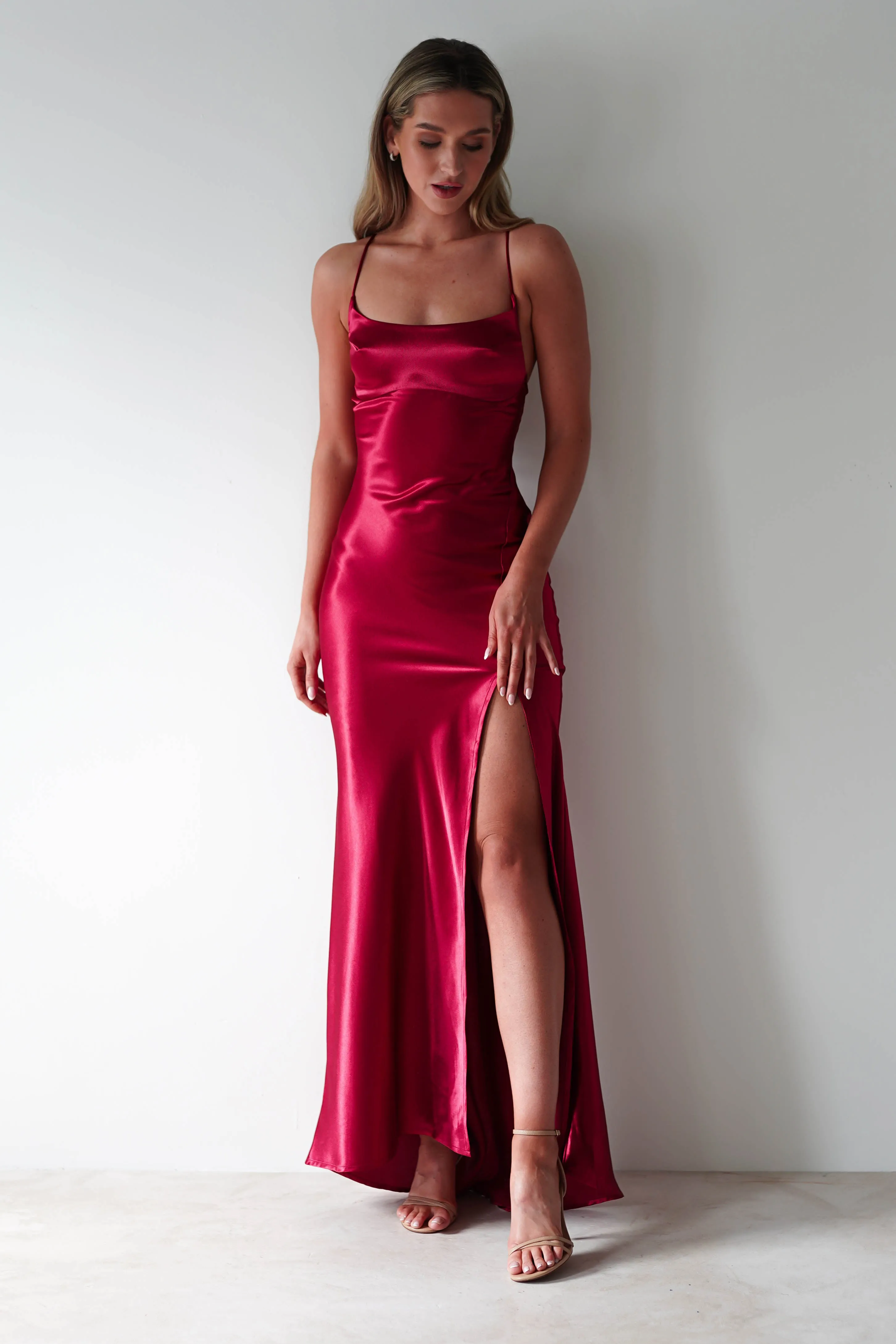 Celinee Satin Maxi Gown | Red