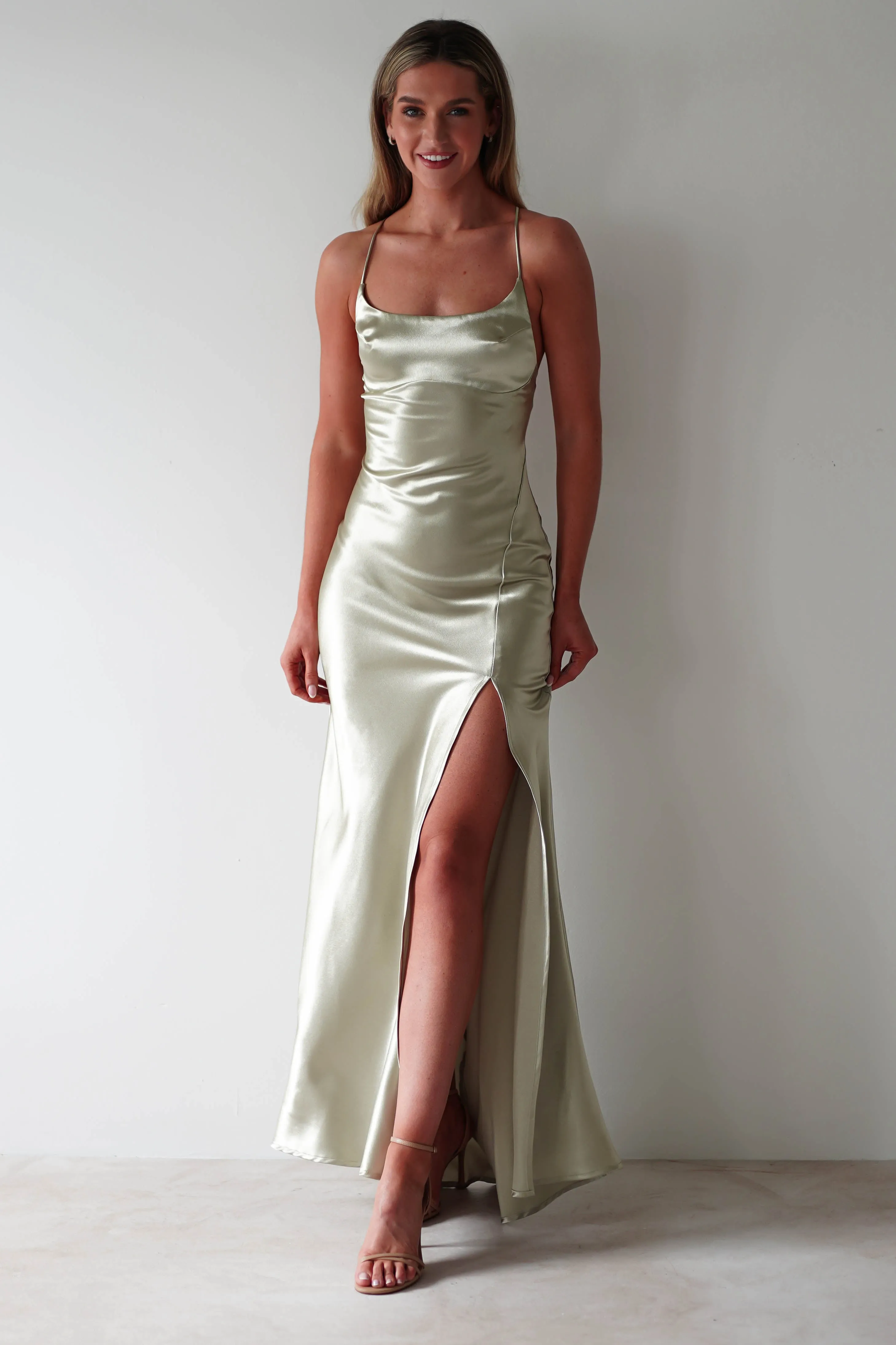 Celinee Satin Maxi Gown | Sage