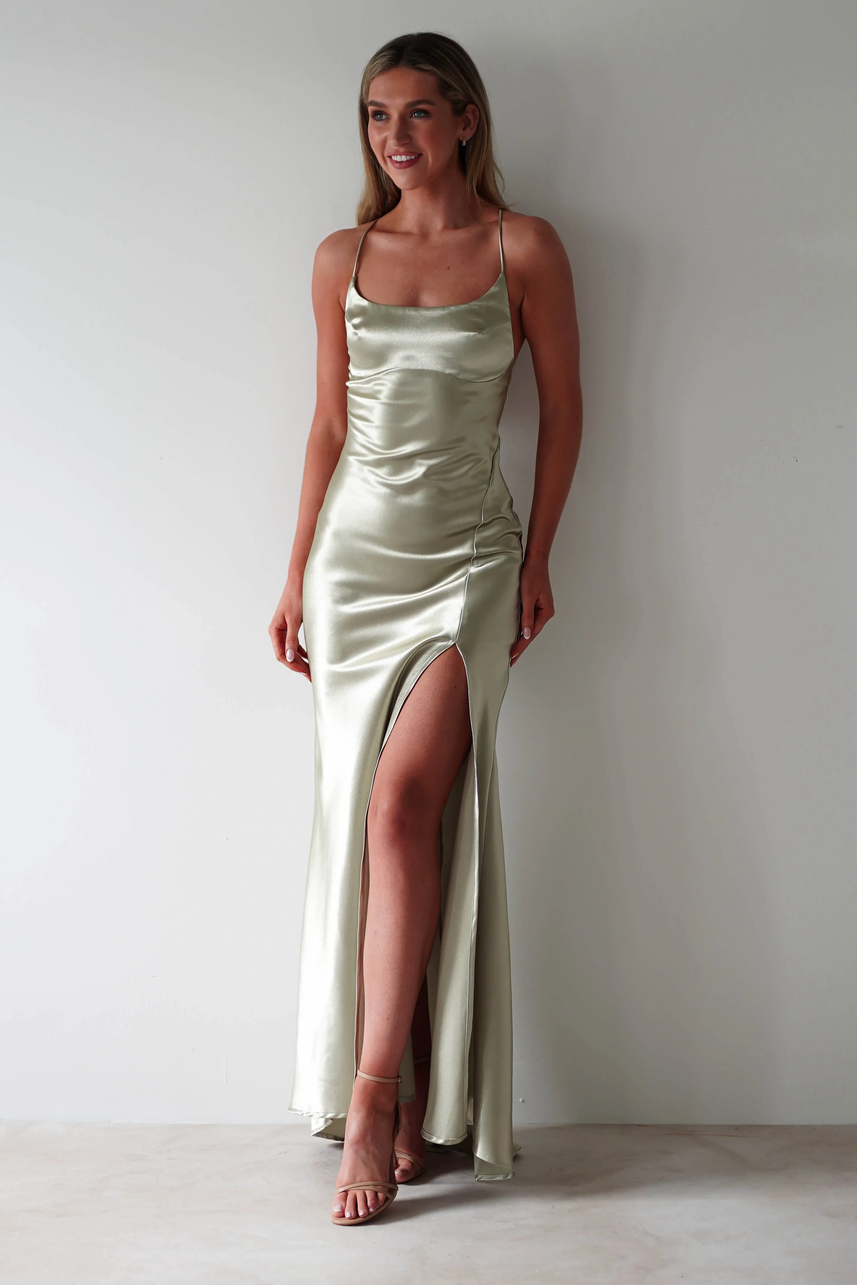 Celinee Satin Maxi Gown | Sage