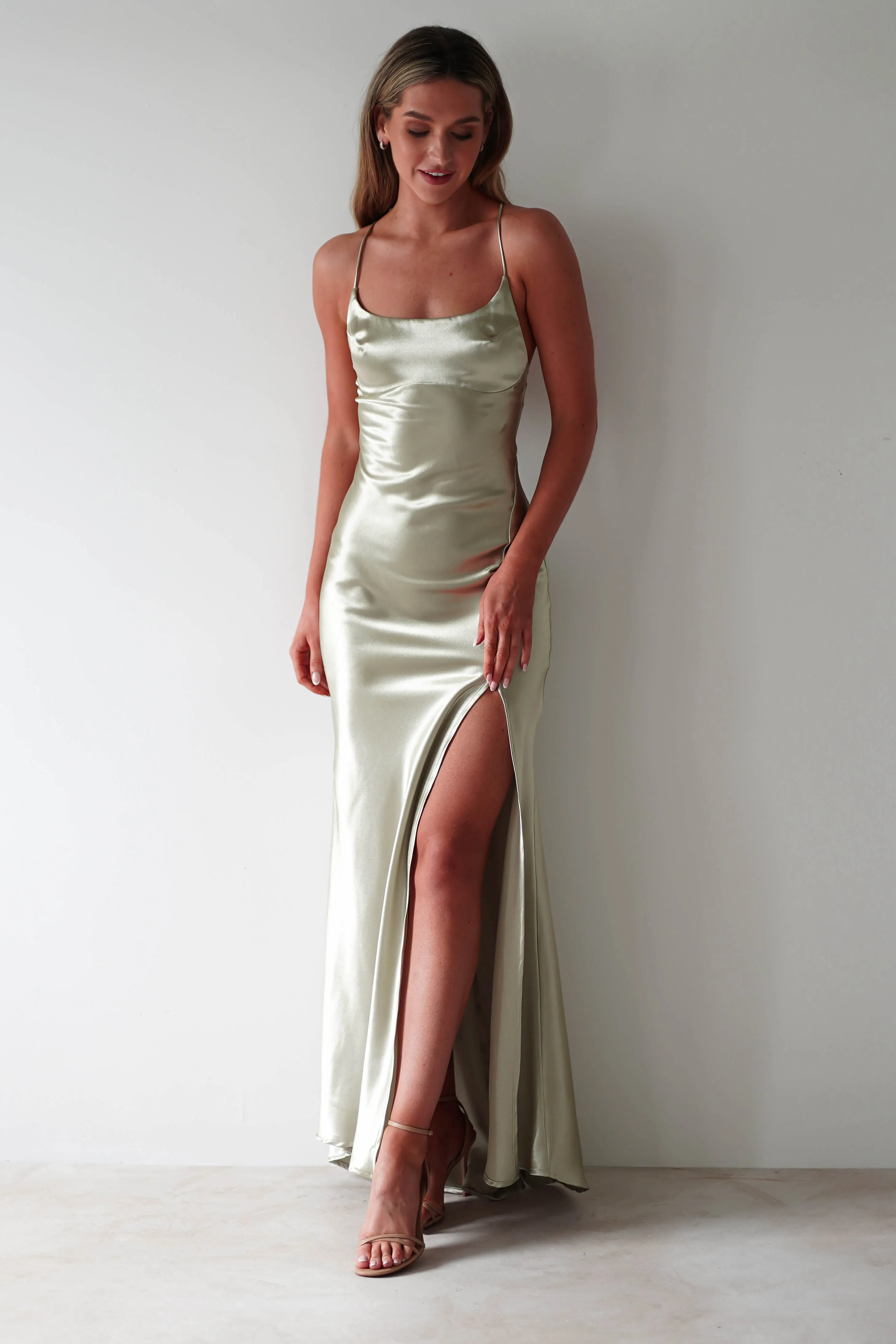 Celinee Satin Maxi Gown | Sage