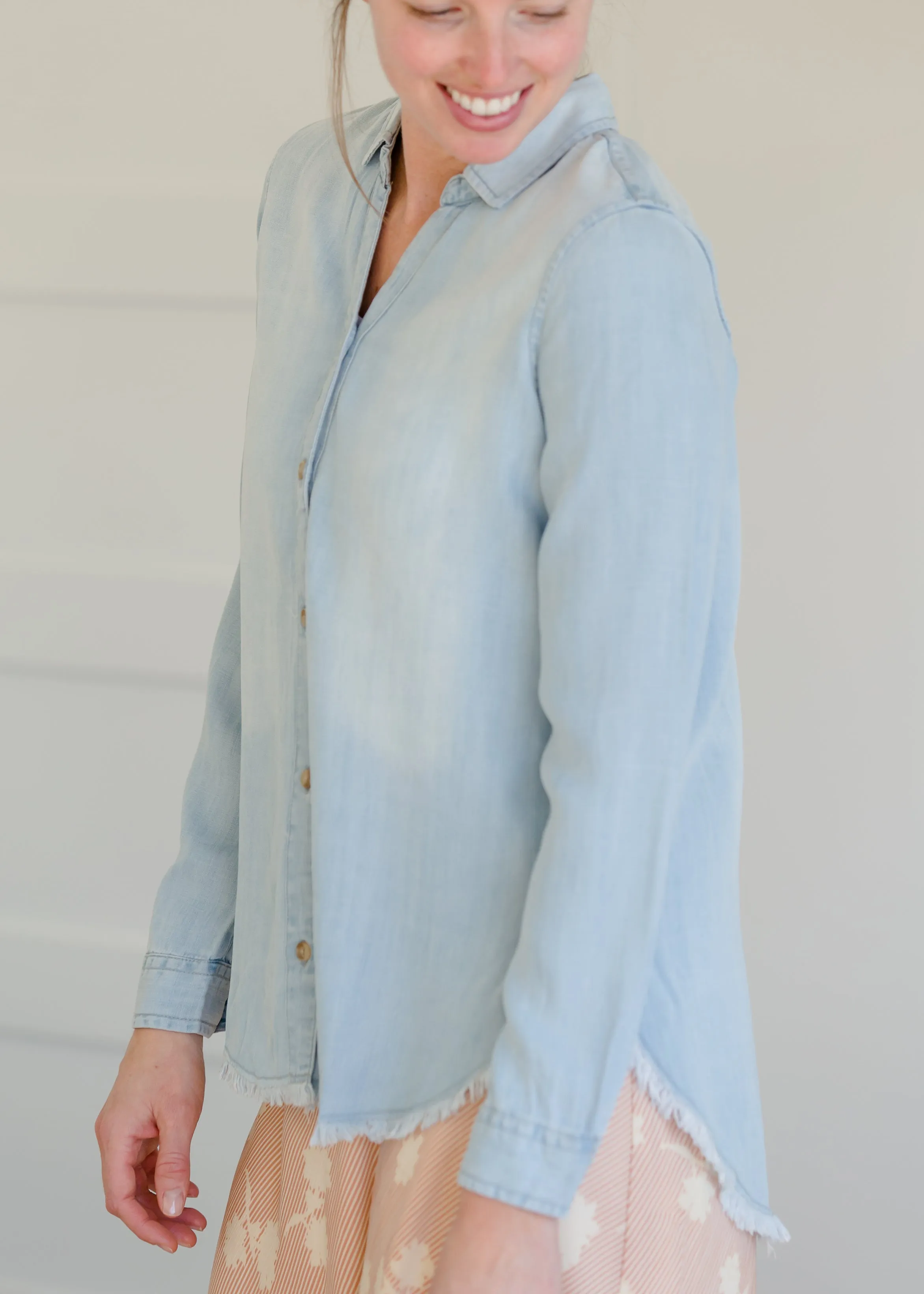 Chambray Fringe Hem Button Up Top - FINAL SALE