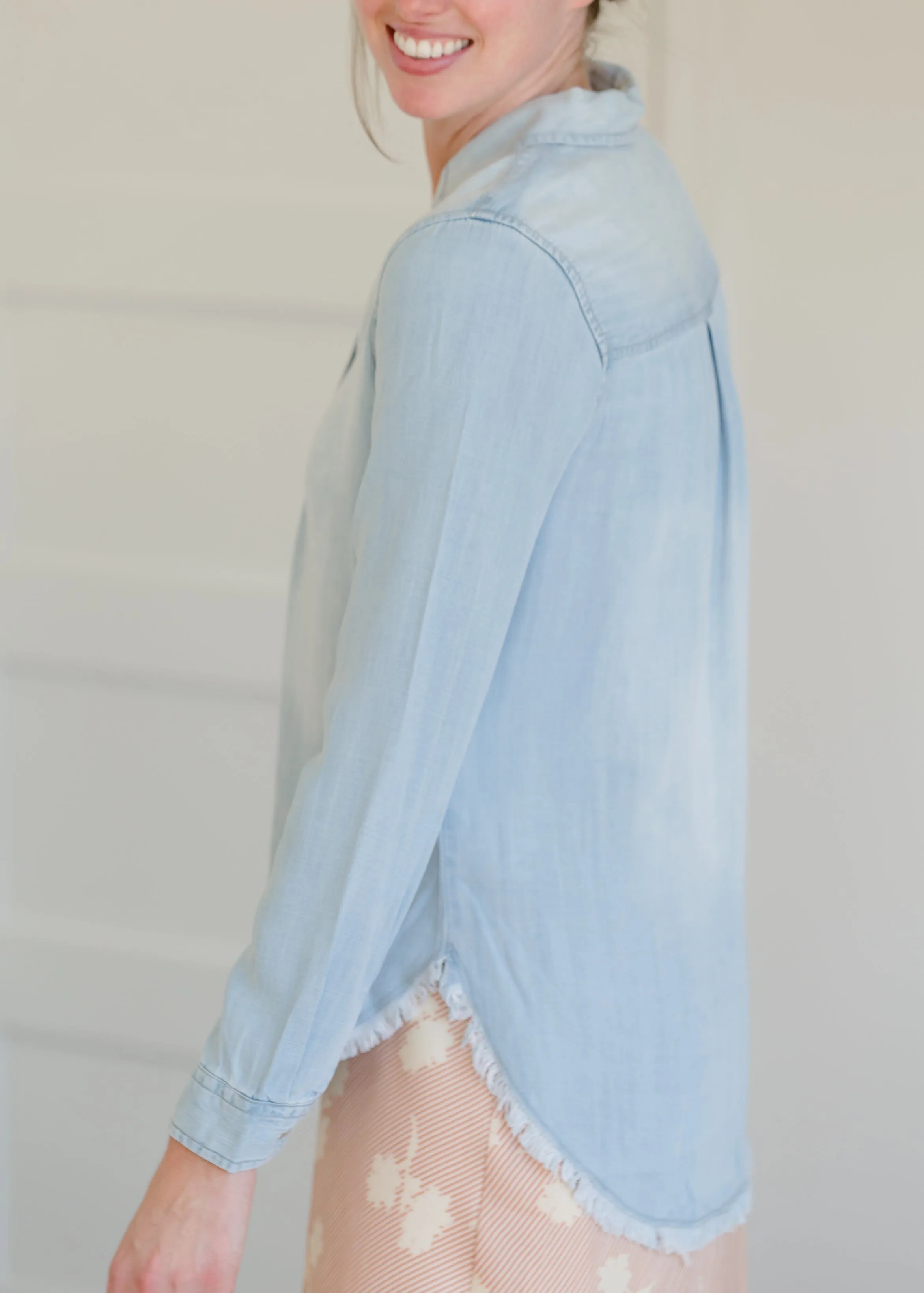 Chambray Fringe Hem Button Up Top - FINAL SALE