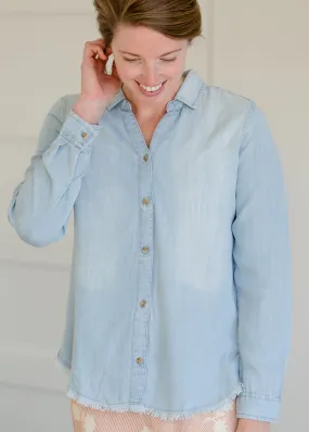 Chambray Fringe Hem Button Up Top - FINAL SALE