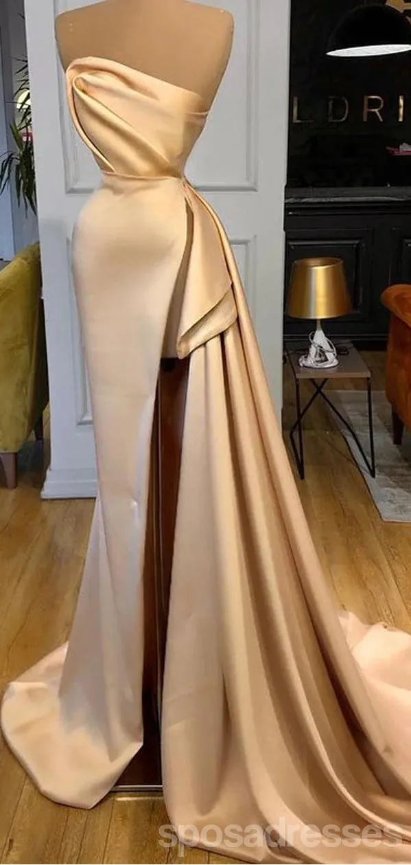 Champagne Mermaid Sweetheart High Slit Cheap Long Prom Dresses,12866