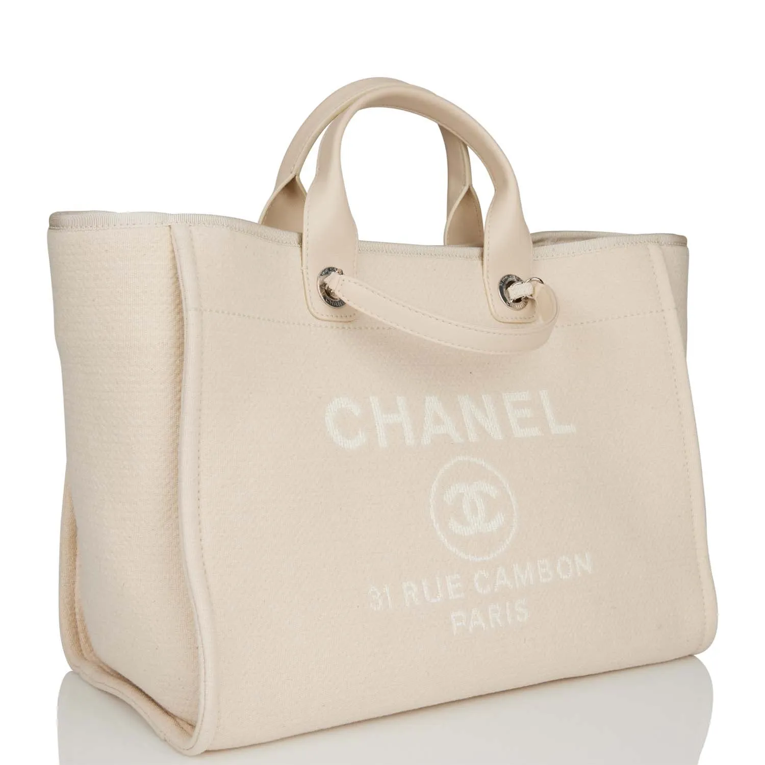 Chanel Large Deauville Shopping Bag White Boucle Silver Hardware