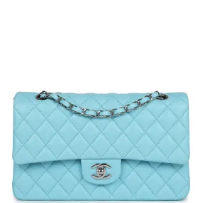 Chanel Medium Classic Double Flap Bag Light Blue Lambskin Silver Hardware