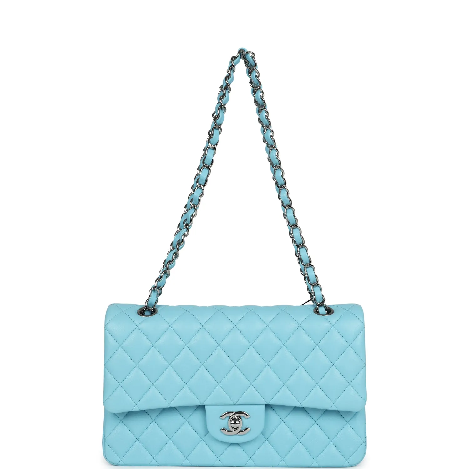 Chanel Medium Classic Double Flap Bag Light Blue Lambskin Silver Hardware