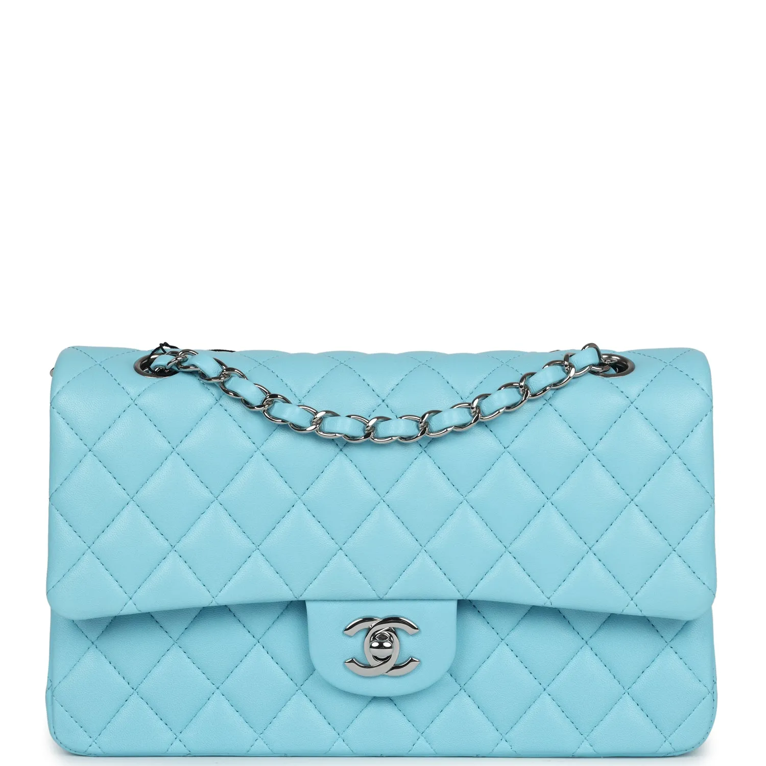 Chanel Medium Classic Double Flap Bag Light Blue Lambskin Silver Hardware