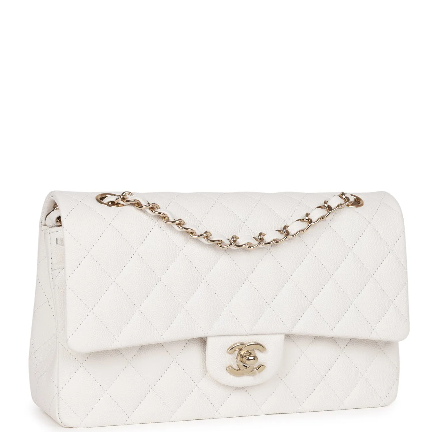 Chanel Medium Classic Double Flap Bag White Caviar Light Gold Hardware