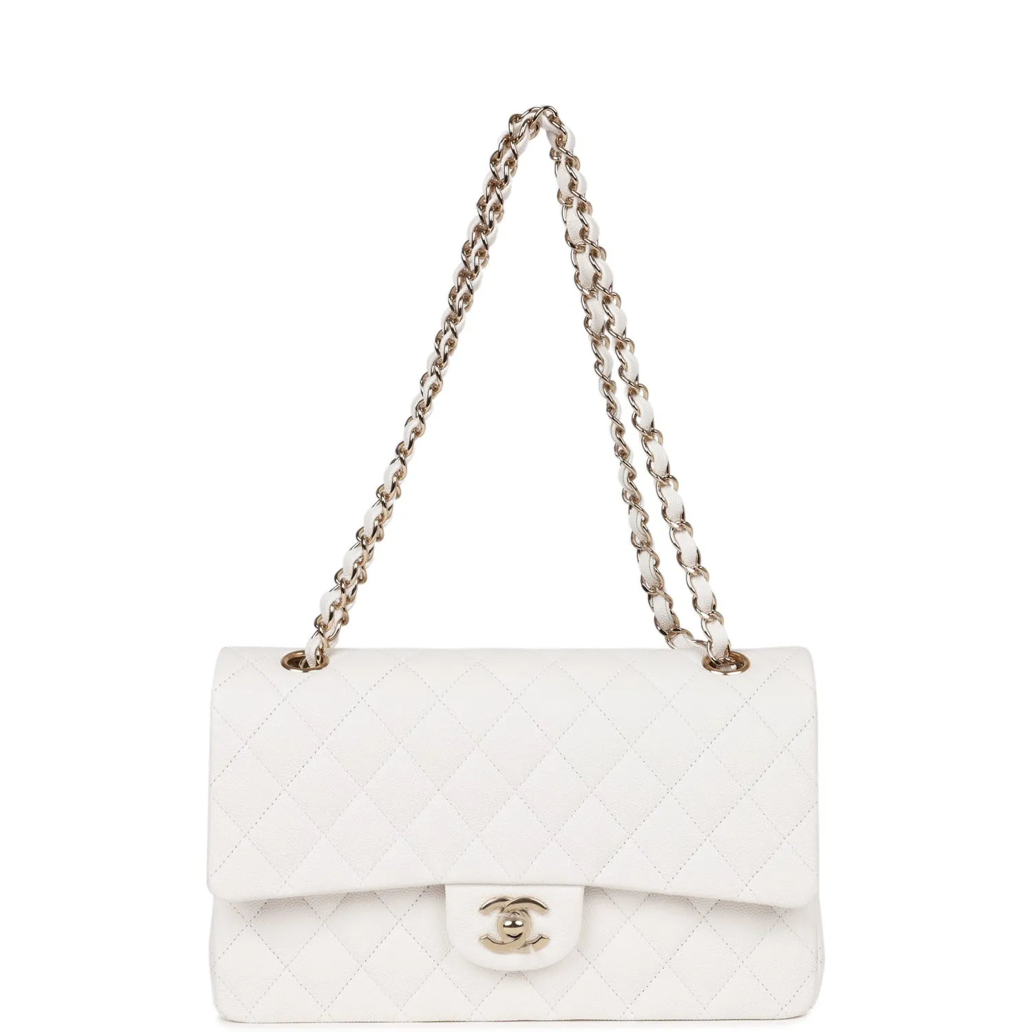 Chanel Medium Classic Double Flap Bag White Caviar Light Gold Hardware