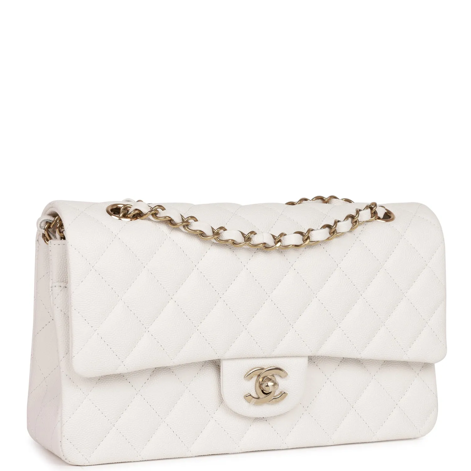 Chanel Medium Classic Double Flap Bag White Quilted Caviar Light Gold Hardware