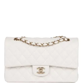 Chanel Medium Classic Double Flap Bag White Quilted Caviar Light Gold Hardware