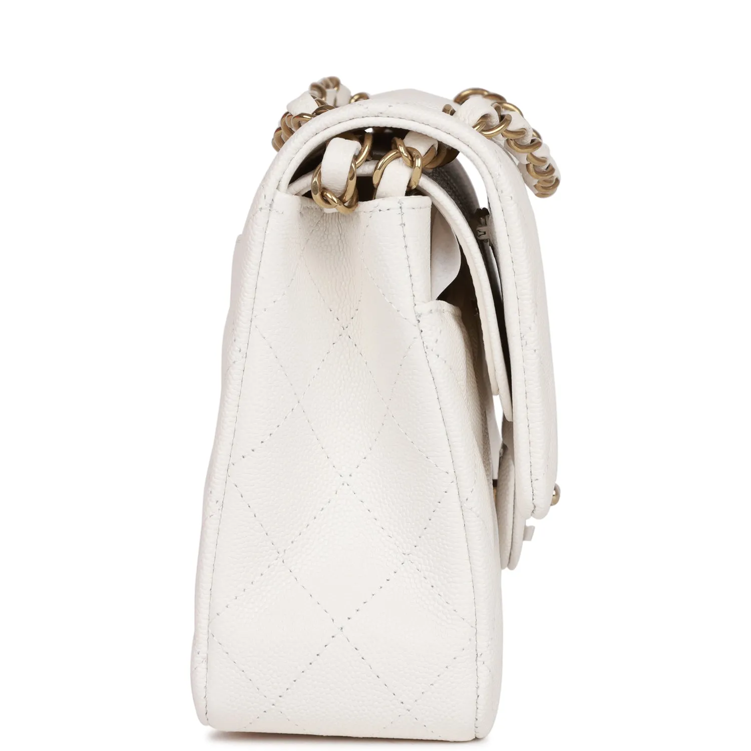 Chanel Medium Classic Double Flap Bag White Quilted Caviar Light Gold Hardware