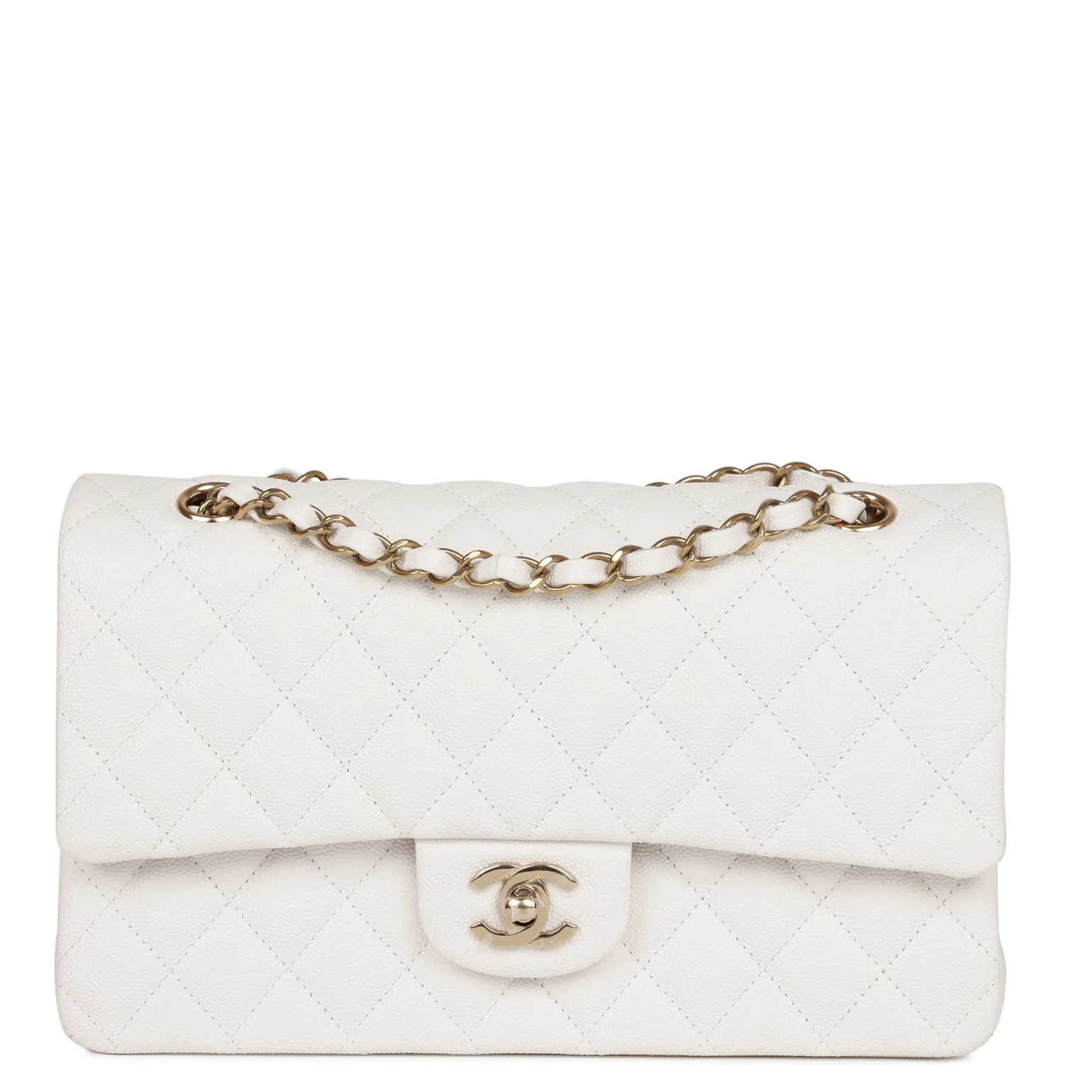 Chanel Medium Classic Double Flap Bag White Quilted Caviar Light Gold Hardware