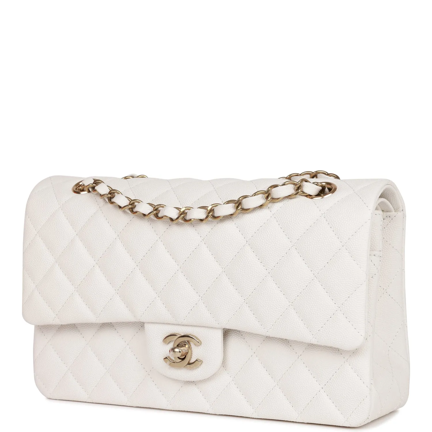 Chanel Medium Classic Double Flap Bag White Quilted Caviar Light Gold Hardware