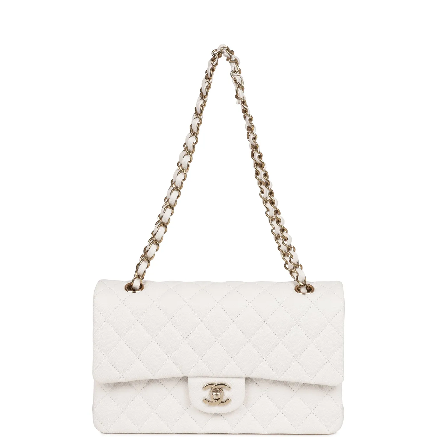 Chanel Medium Classic Double Flap Bag White Quilted Caviar Light Gold Hardware