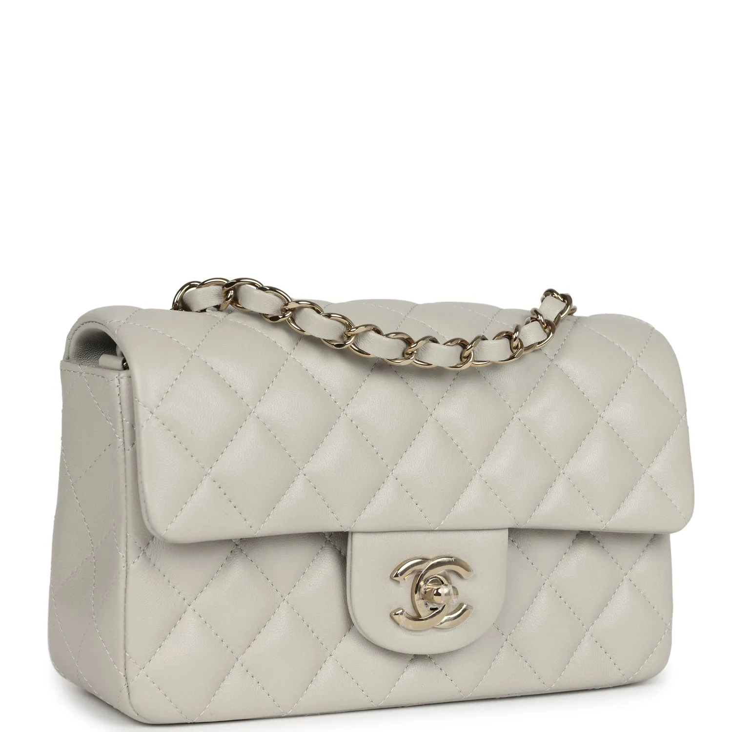 Chanel Mini Classic Rectangular Flap Bag Light Grey Lambskin Light Gold Hardware