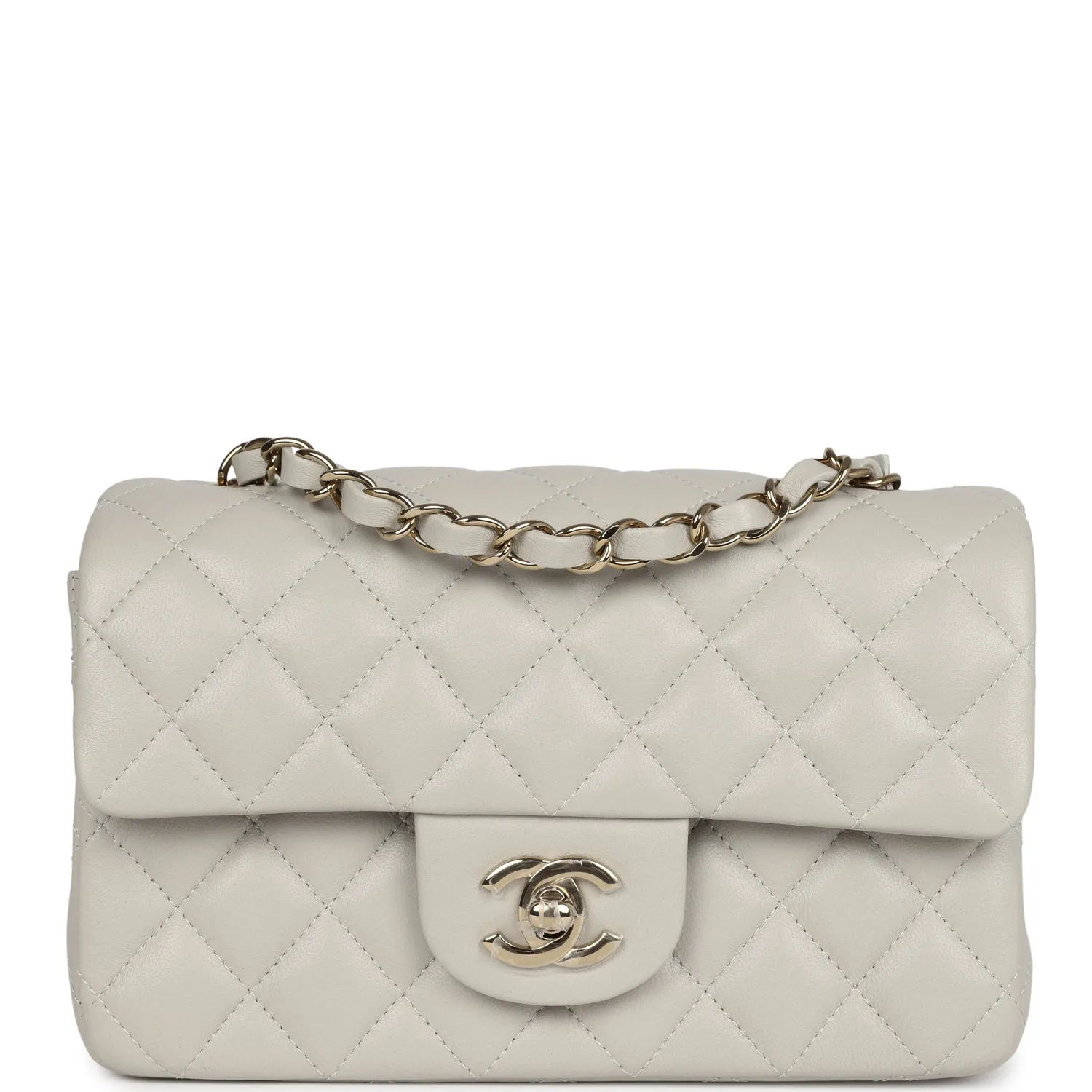 Chanel Mini Classic Rectangular Flap Bag Light Grey Lambskin Light Gold Hardware