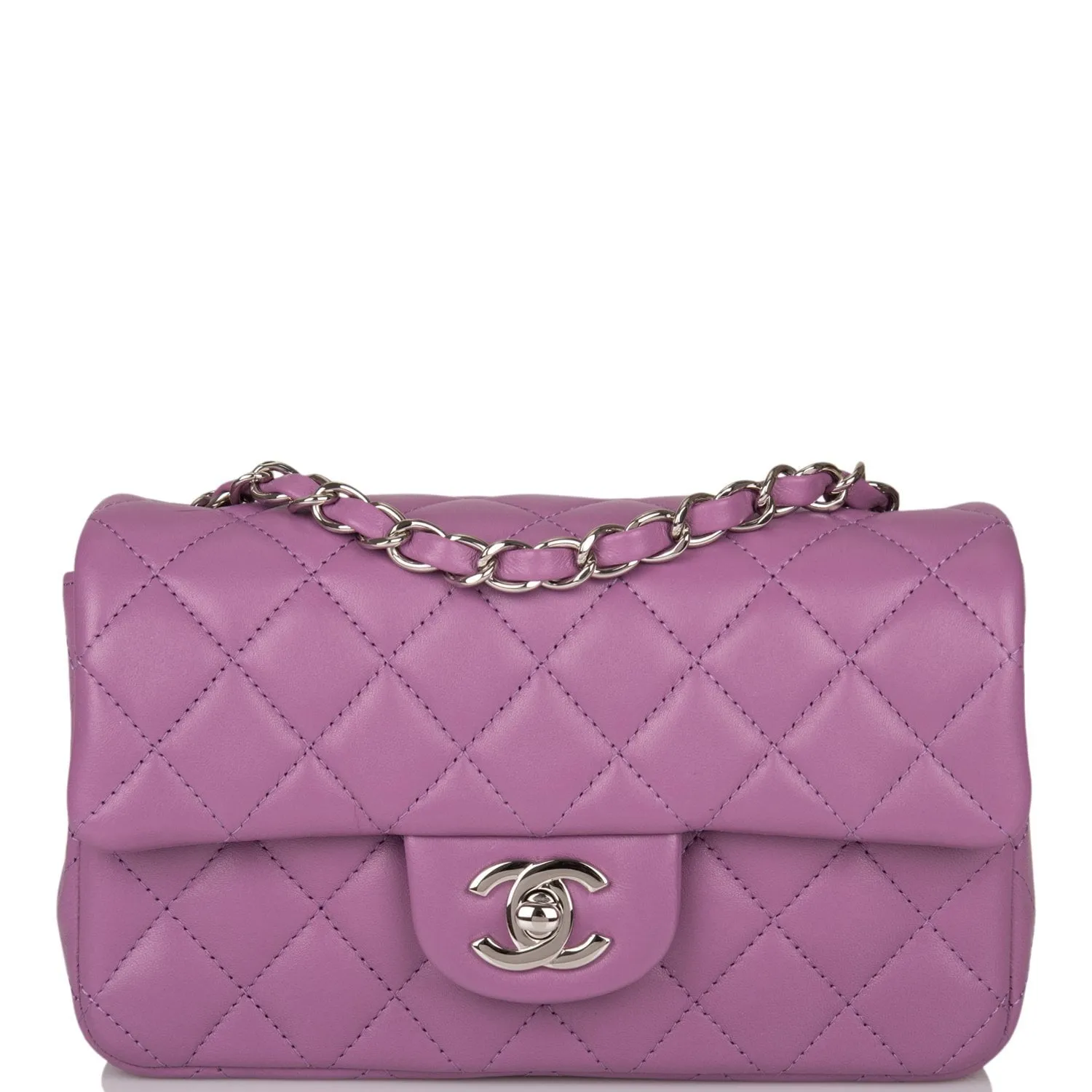 Chanel Mini Rectangular Flap Bag Purple Lambskin Silver Hardware