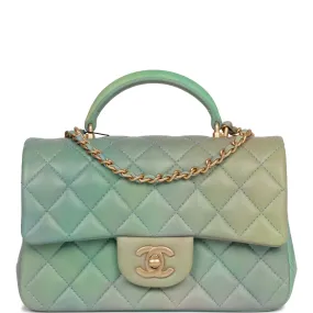 Chanel Mini Rectangular Flap Bag with Top Handle Green Ombre Lambskin Antique Gold Hardware