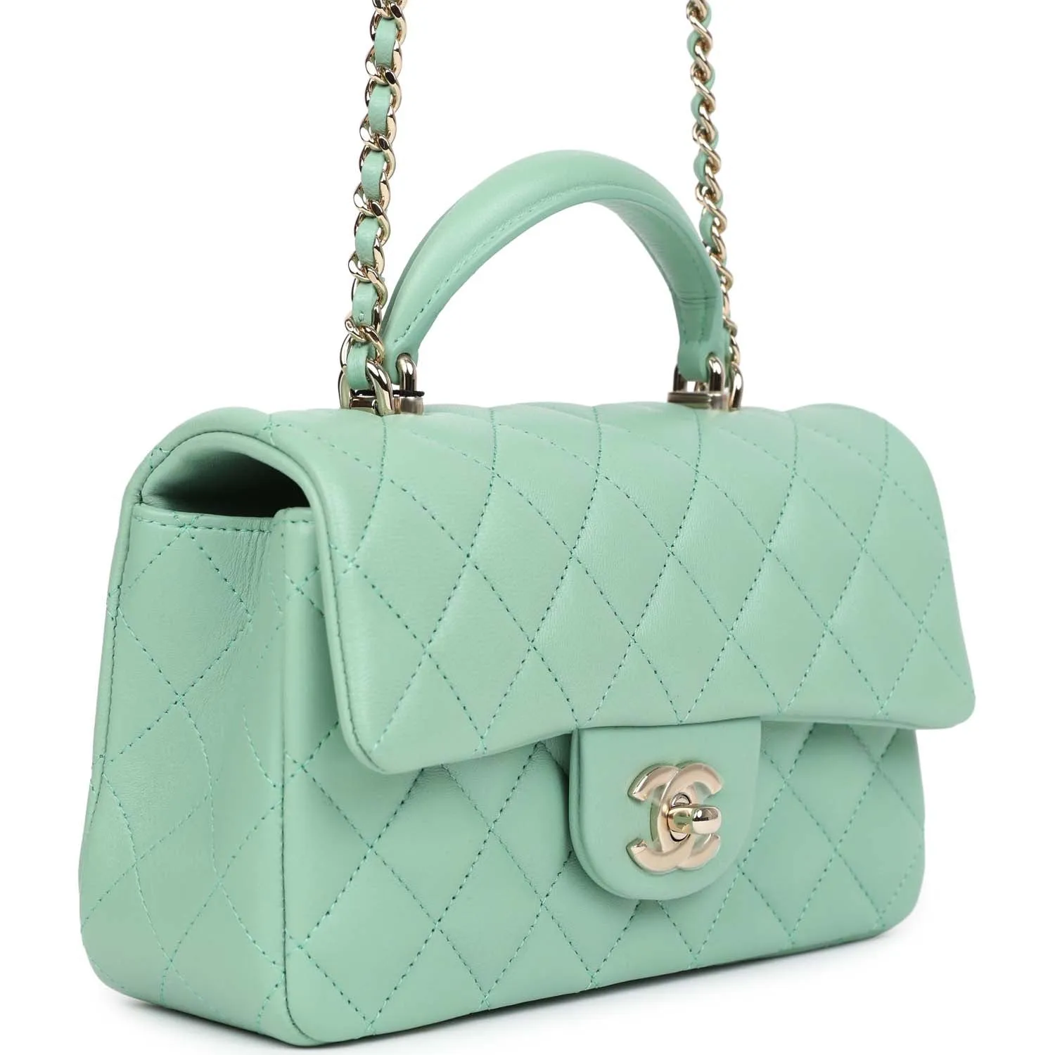 Chanel Mini Rectangular Flap with Top Handle Light Green Lambskin Light Gold Hardware