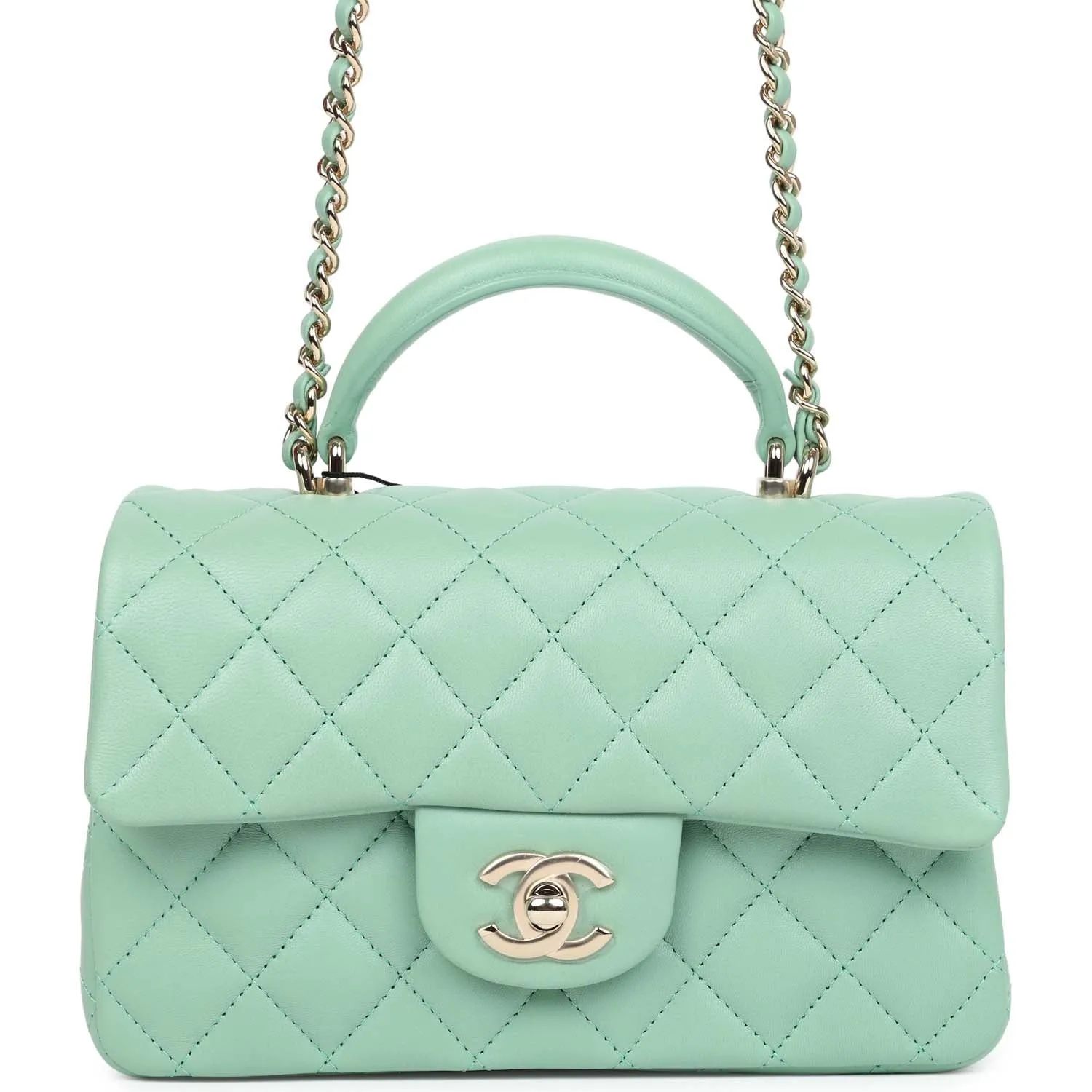 Chanel Mini Rectangular Flap with Top Handle Light Green Lambskin Light Gold Hardware