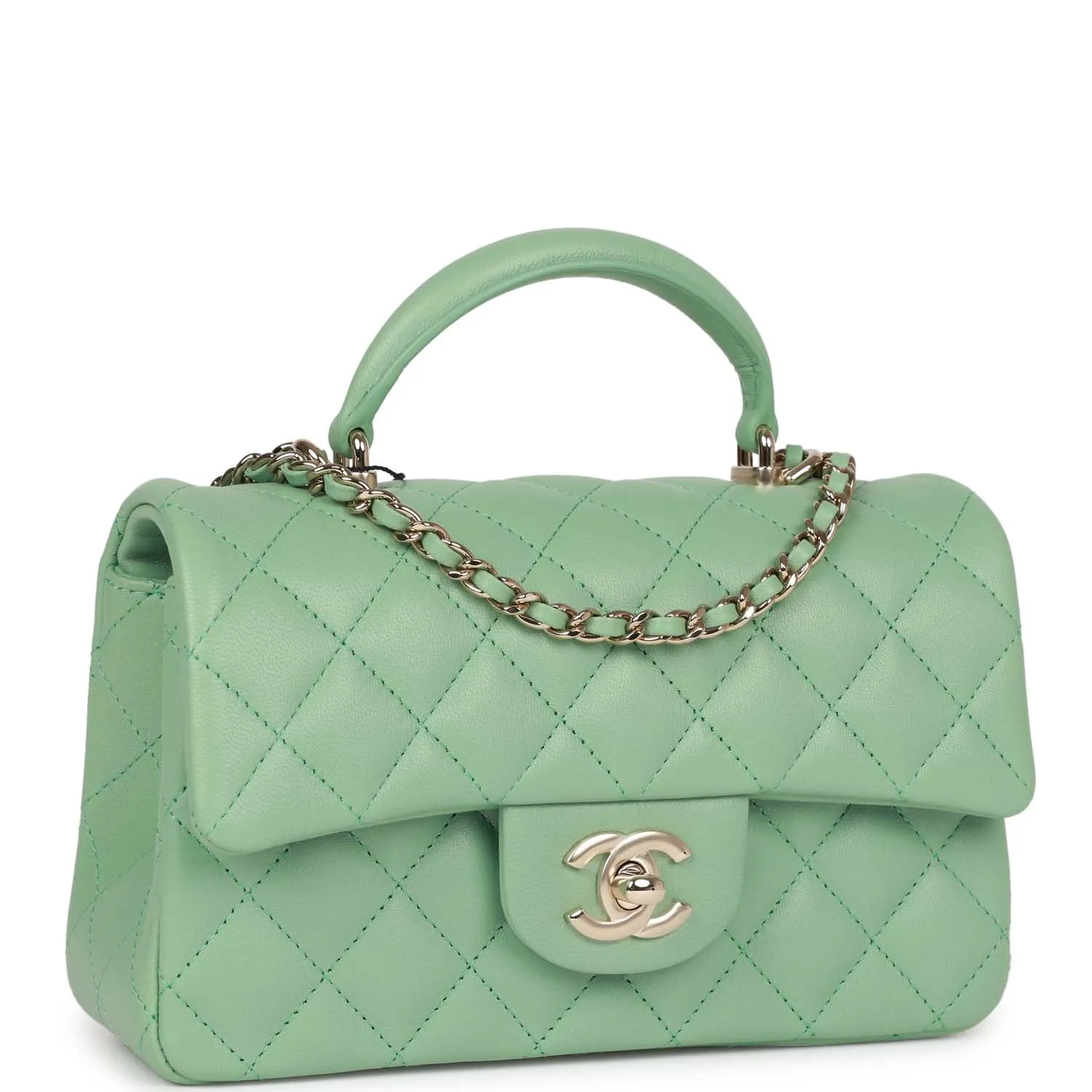 Chanel Mini Rectangular Flap with Top Handle Light Green Lambskin Light Gold Hardware