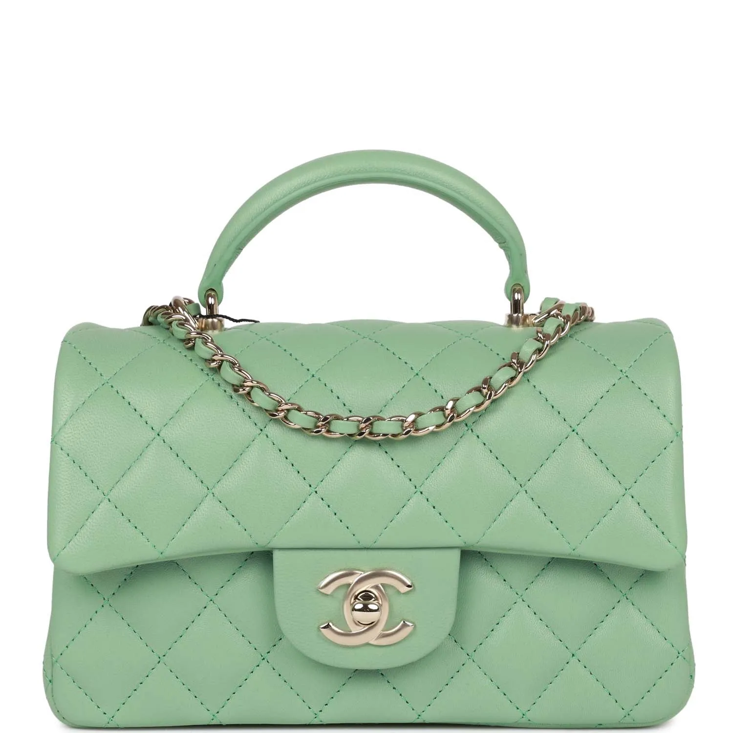 Chanel Mini Rectangular Flap with Top Handle Light Green Lambskin Light Gold Hardware