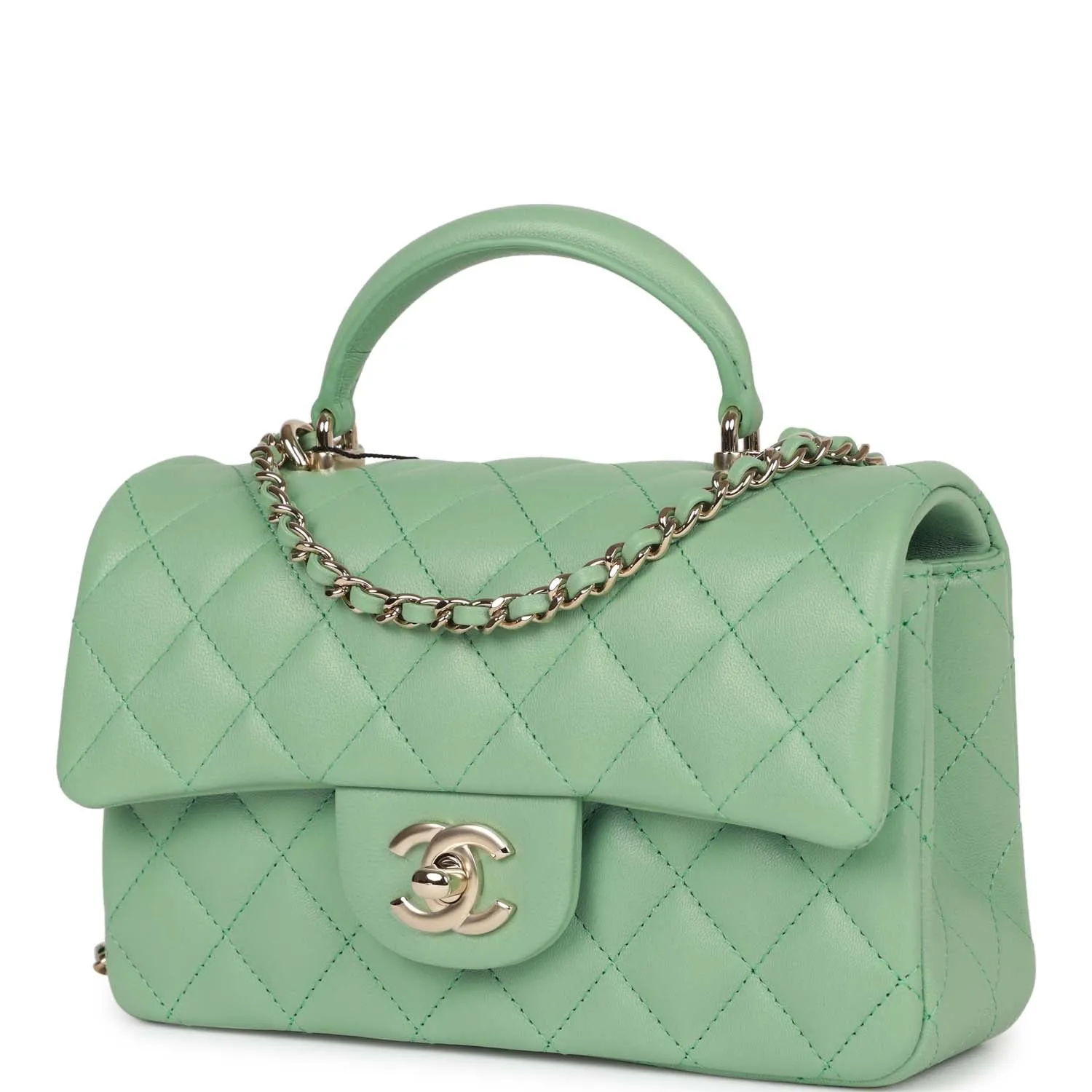 Chanel Mini Rectangular Flap with Top Handle Light Green Lambskin Light Gold Hardware