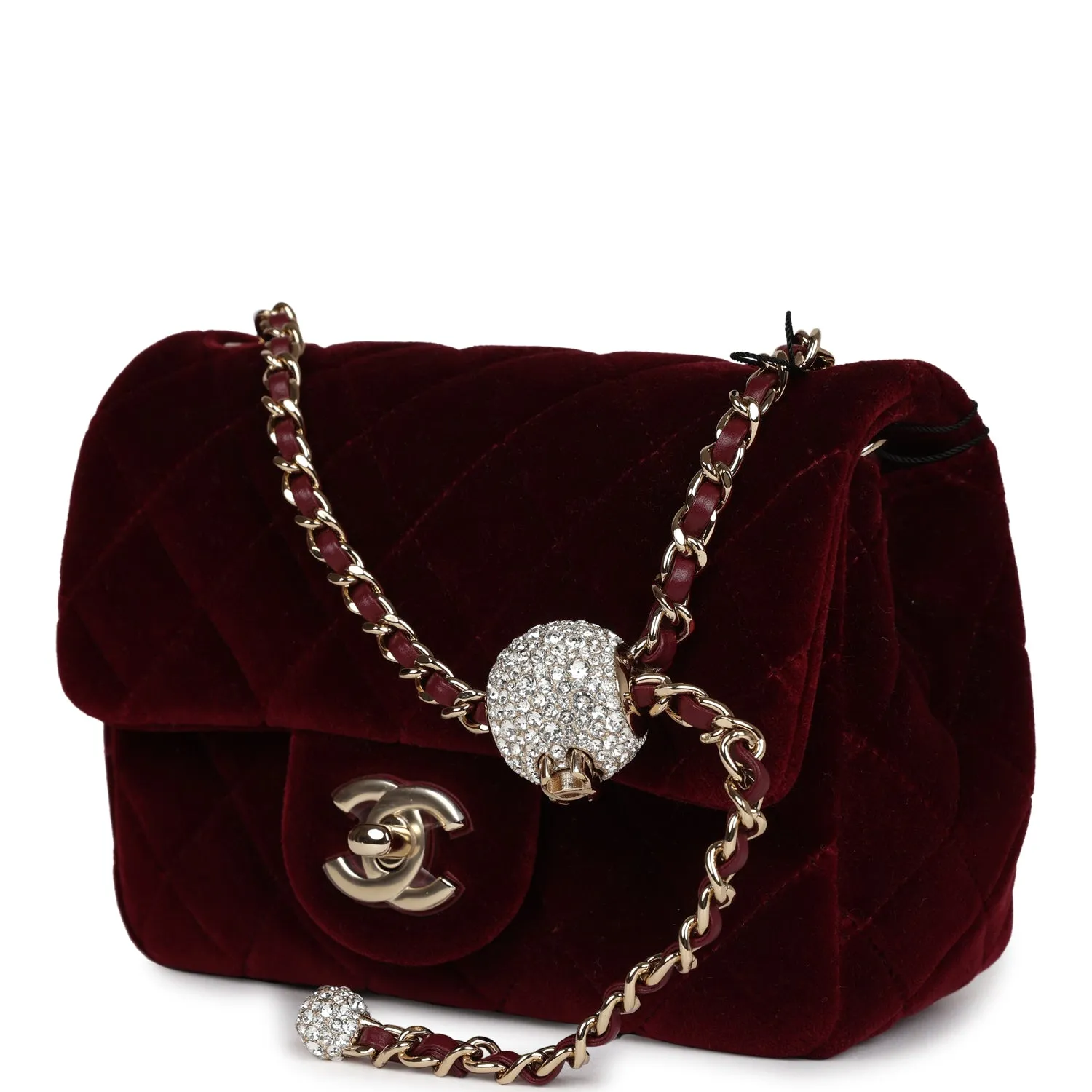 Chanel Pearl Crush Mini Square Flap Bag Burgundy Velvet Gold Hardware