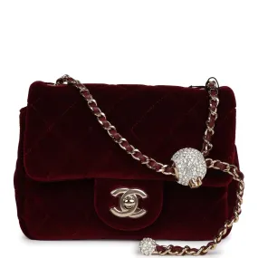 Chanel Pearl Crush Mini Square Flap Bag Burgundy Velvet Gold Hardware