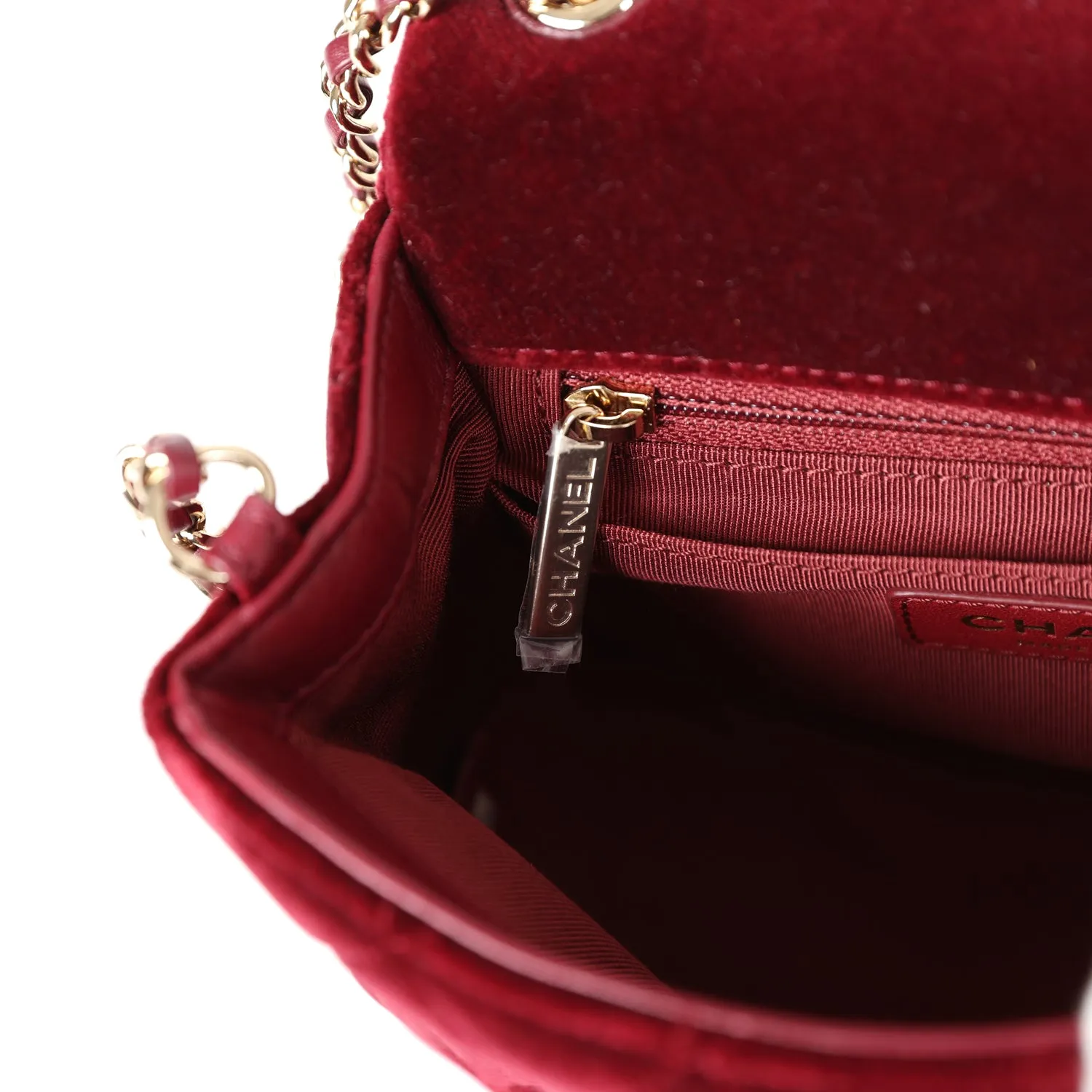 Chanel Pearl Crush Mini Square Flap Bag Burgundy Velvet Gold Hardware