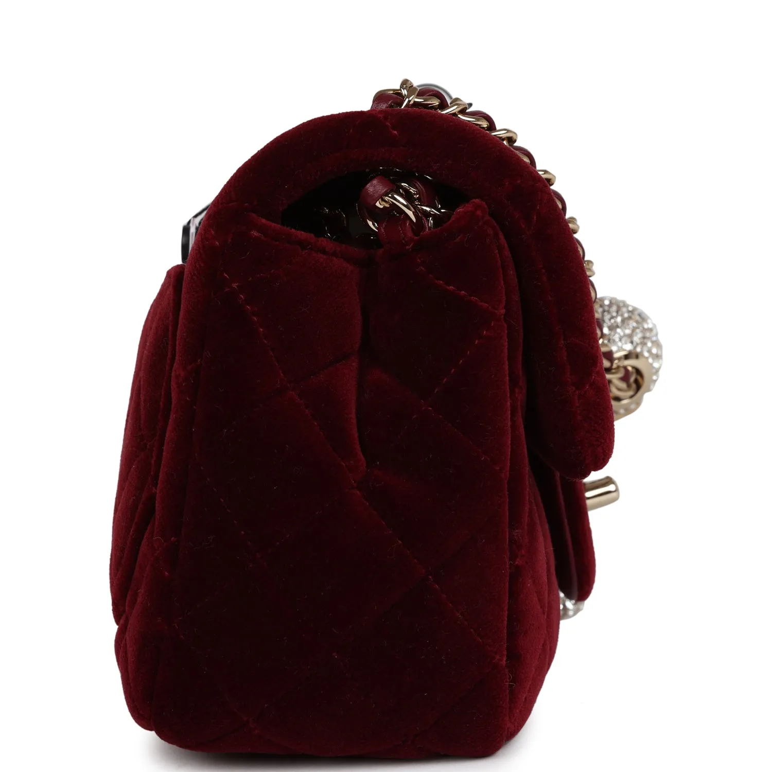 Chanel Pearl Crush Mini Square Flap Bag Burgundy Velvet Gold Hardware