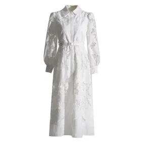 Chic Collared Blouson Sleeve Button Up Belted Guipure Lace Shirt Midi Dress