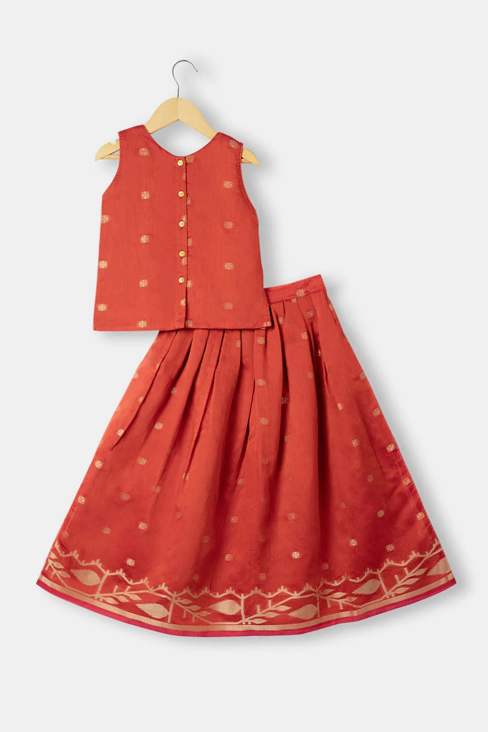 Chittythalli Girls Ethnic Pavadai Set Round Neck With Hand Embroidery Sleevless Top With Box Pleat Skirt  - Brown - PS71